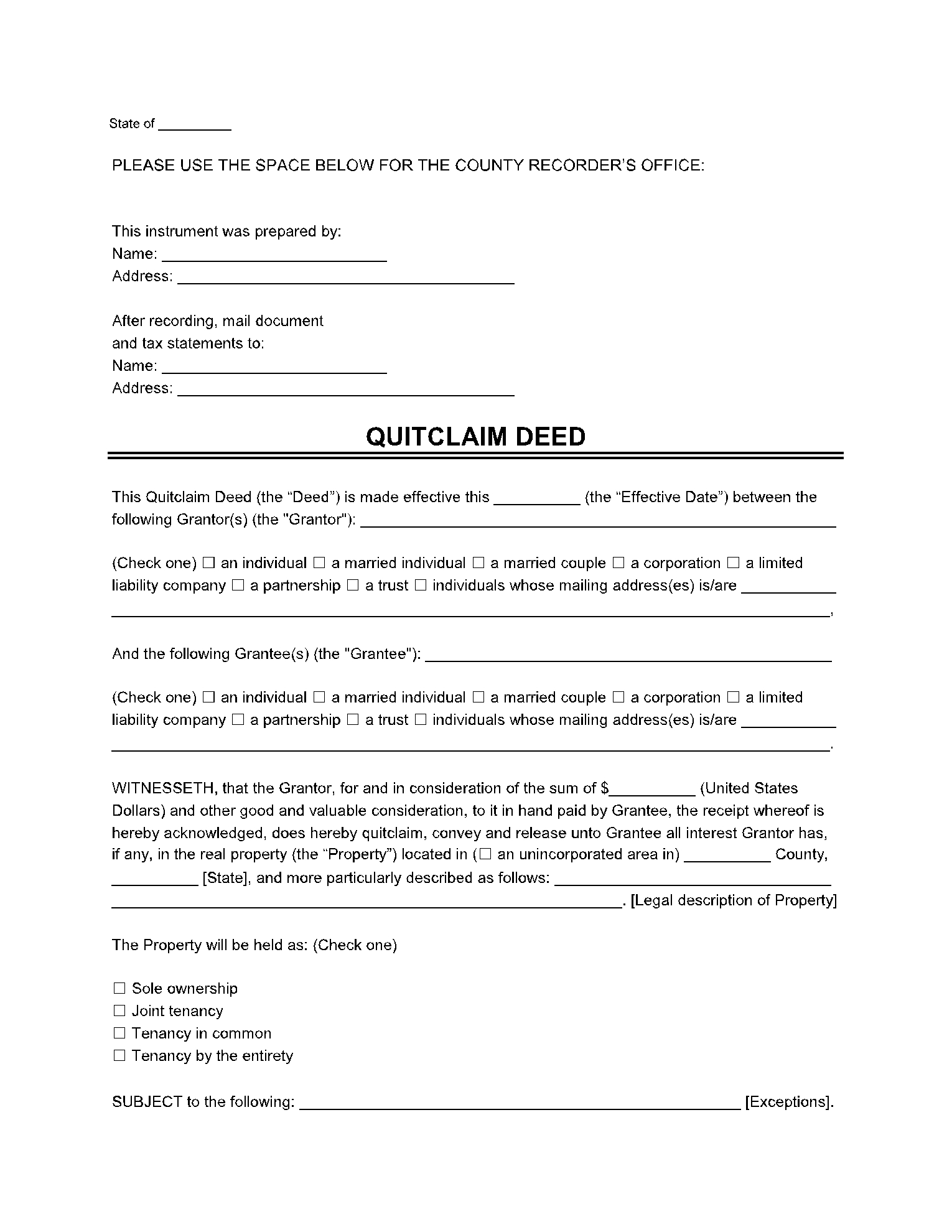 Free Printable Blank Quit Claim Deed Form