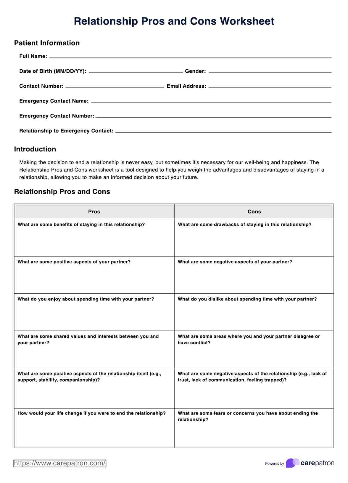 Relationship Pros And Cons Worksheet U0026 Example Free PDF Download