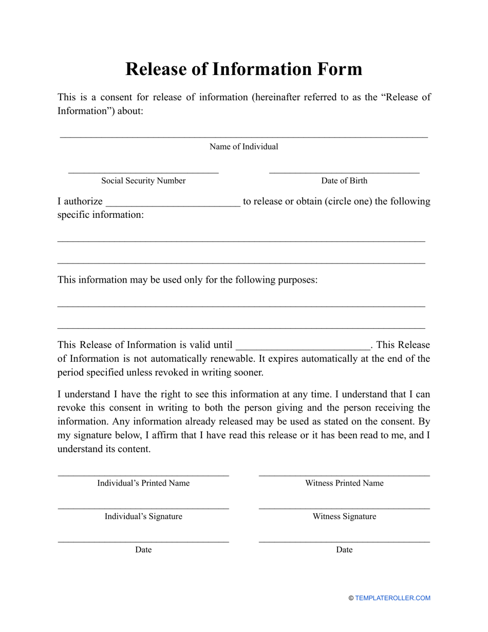 Release Of Information Form Fill Out Sign Online And Download 