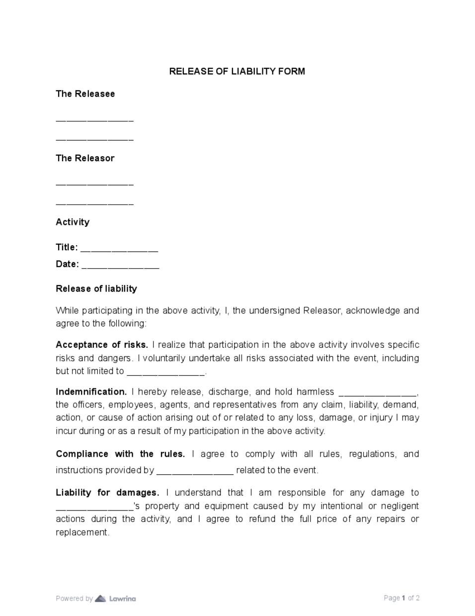 Release Of Liability Forms 10 Download PDF Lawrina