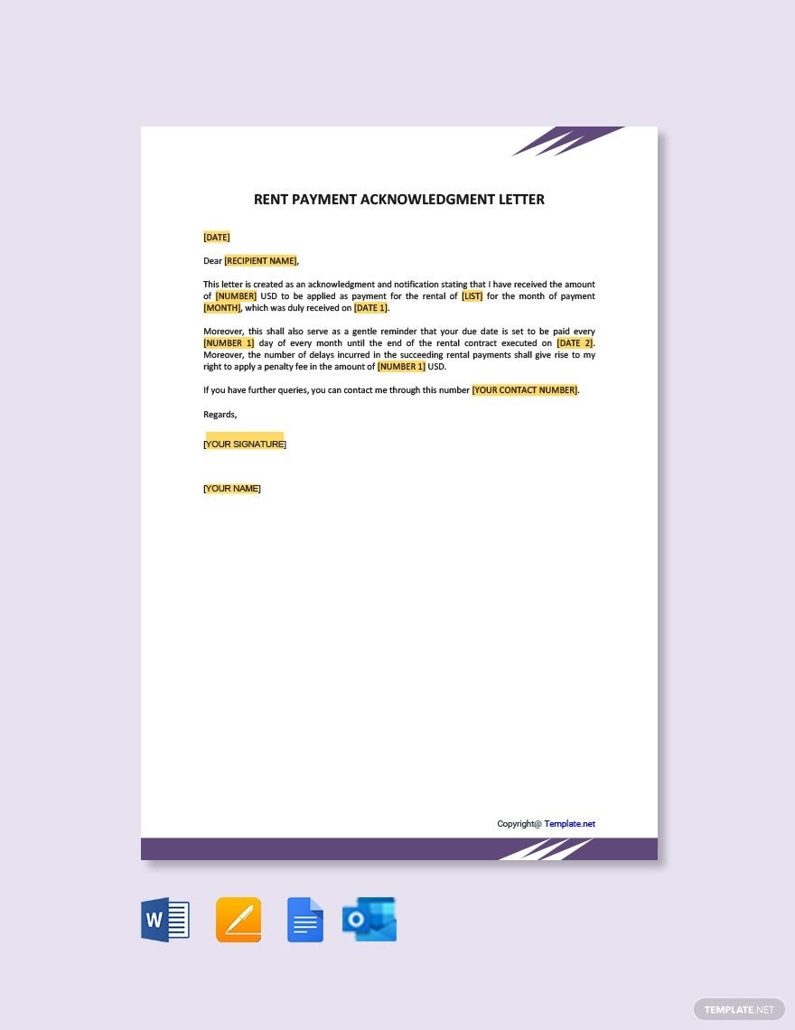 Rent Payment Acknowledgment Letter In Pages Outlook PDF Word 