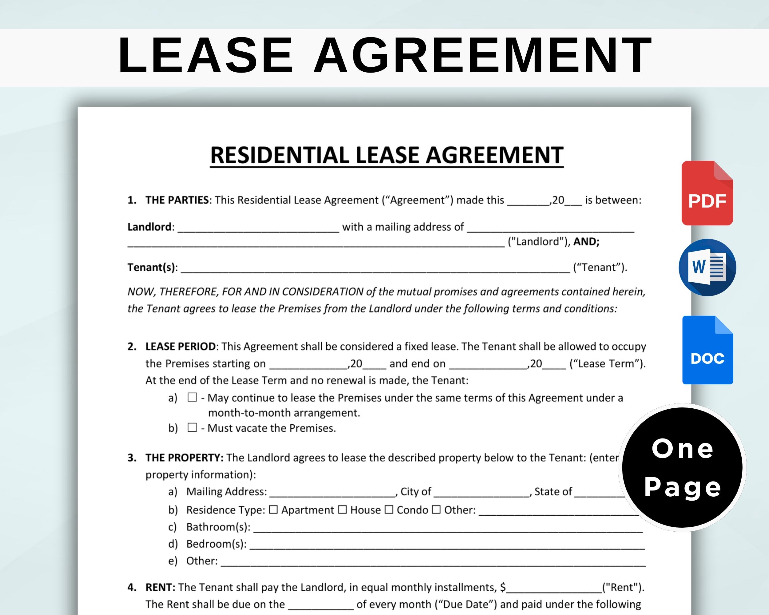 Rental Agreement Template Editable Simple One Page Lease 