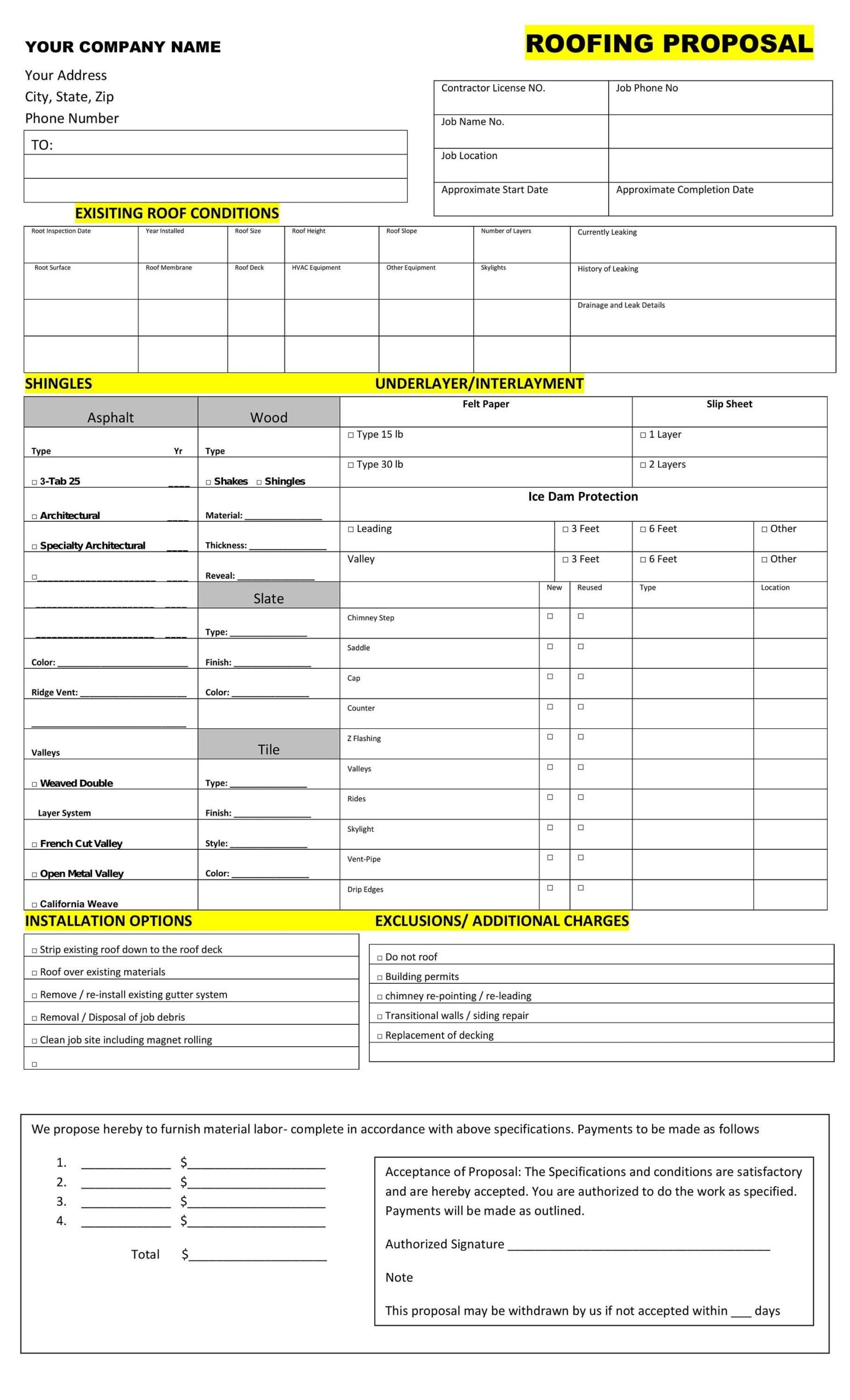 Roofing Proposal Templates PRINTABLE FORM 8 5 By 14 Legal Document Some Highlighted In Yellow 
