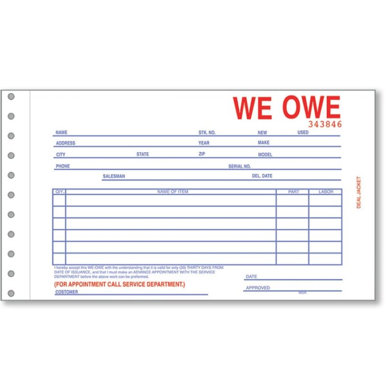 Ru0026R Compatible We Owe Forms Automotive Forms Auto Dealer Supplies