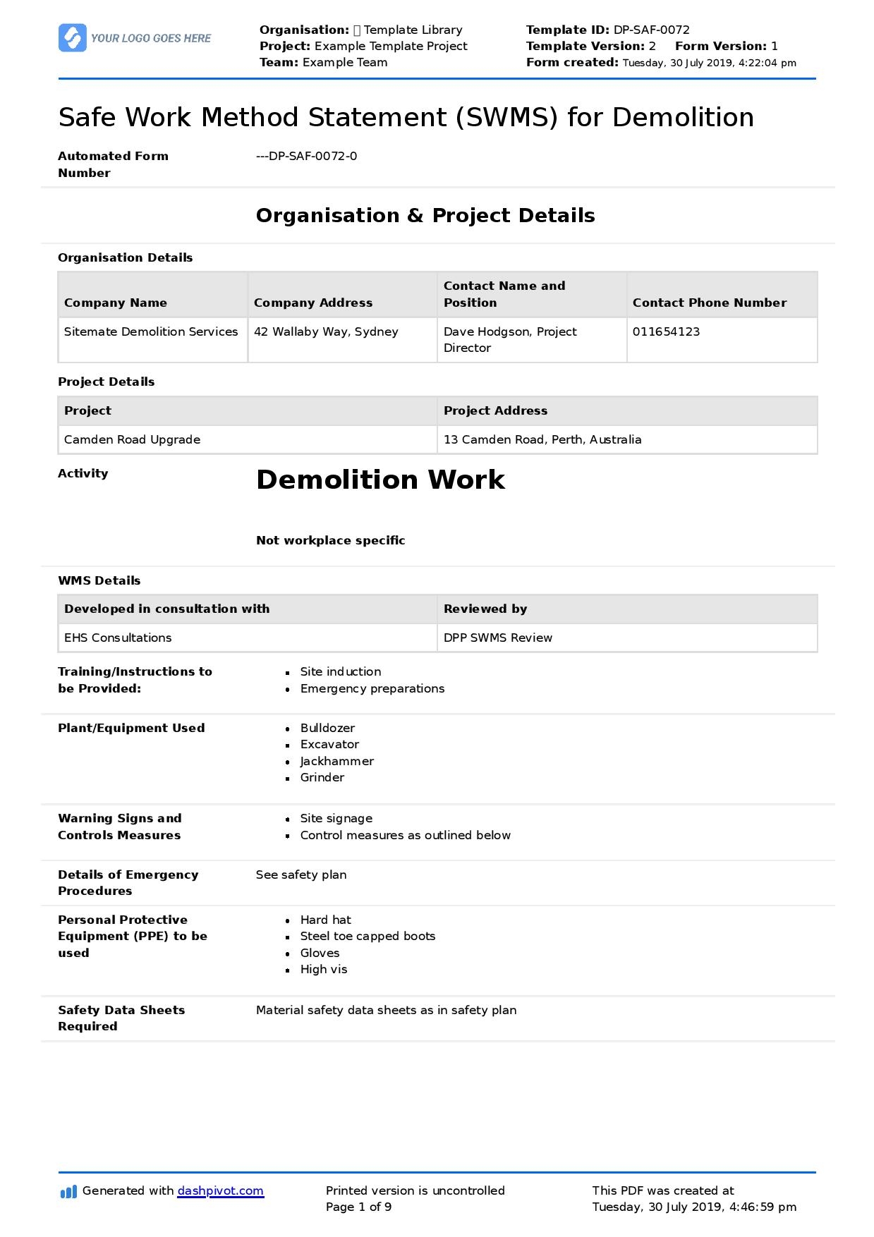 Safe Work Method Statement For Demolition Demolition Works SWMS