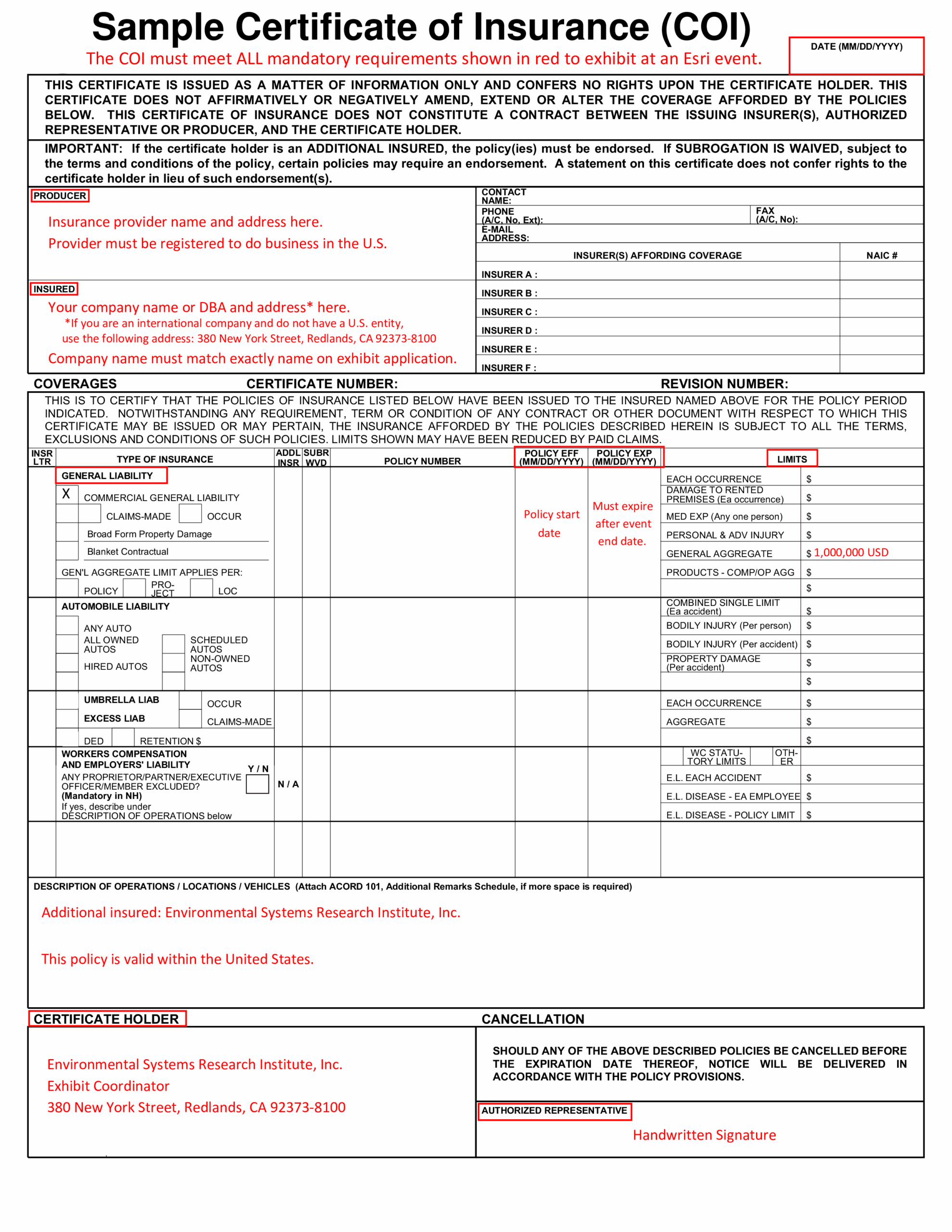 Sample Certificate Of Insurance Coi Templates At Allbusinesstemplates