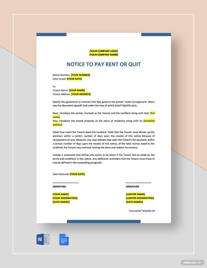 Sample Notice To Pay Rent Or Quit Template In Google Docs Word Download Template