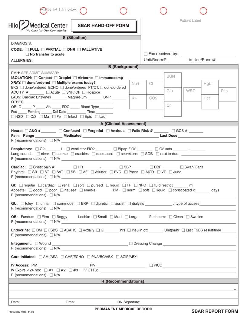 Free Printable Sbar Form