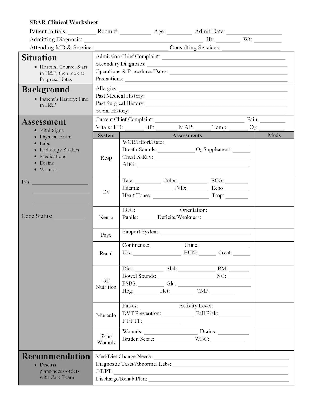 SBAR Nursing Worksheet Printable Template Hourly Rounding Nurse Brain ICU Med Surg Student Nurse Care Plan Patient Assessment Etsy UK