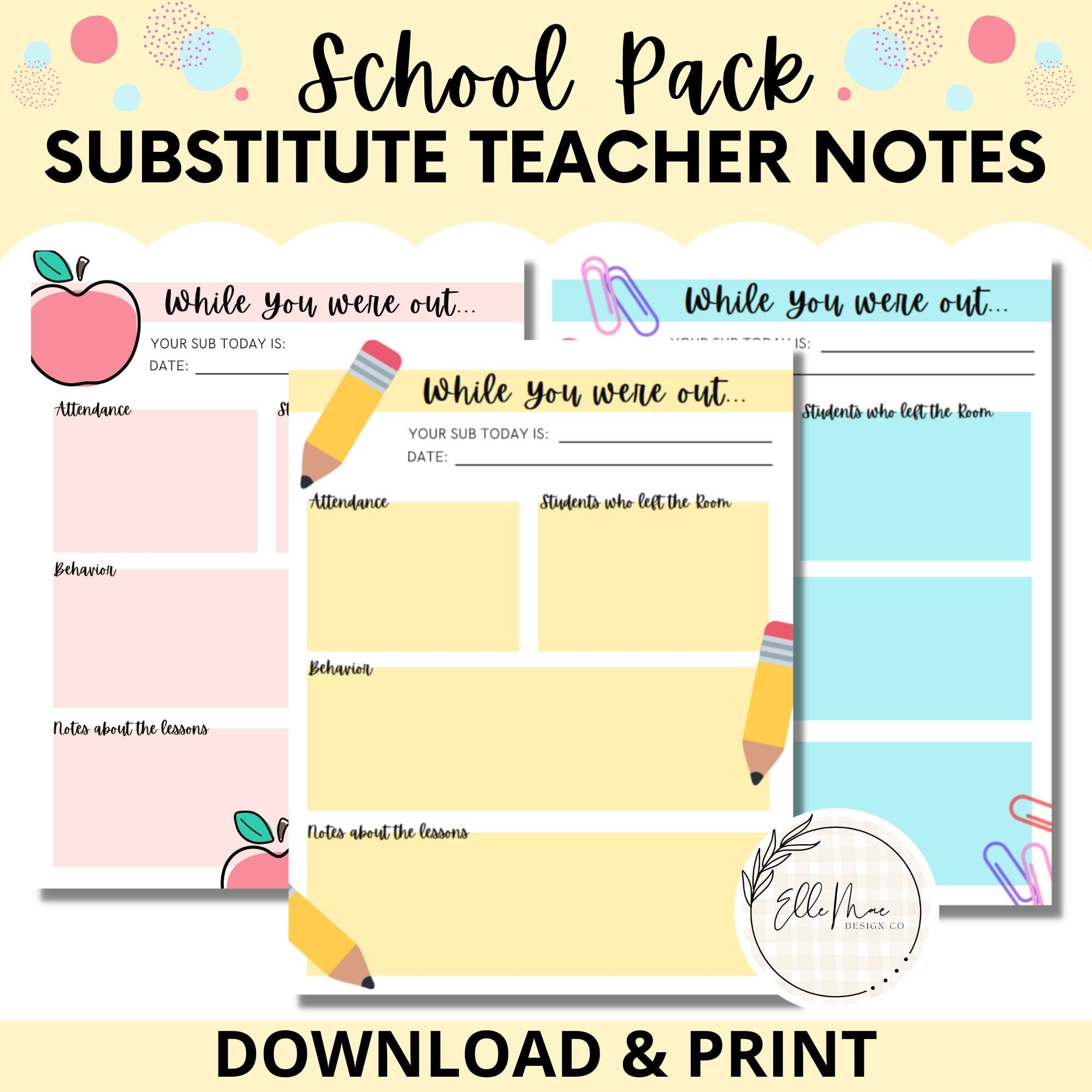 School Substitute Teacher Notes Teacher Feedback Printable Elementary Middle High School Communication Organization Primary Etsy