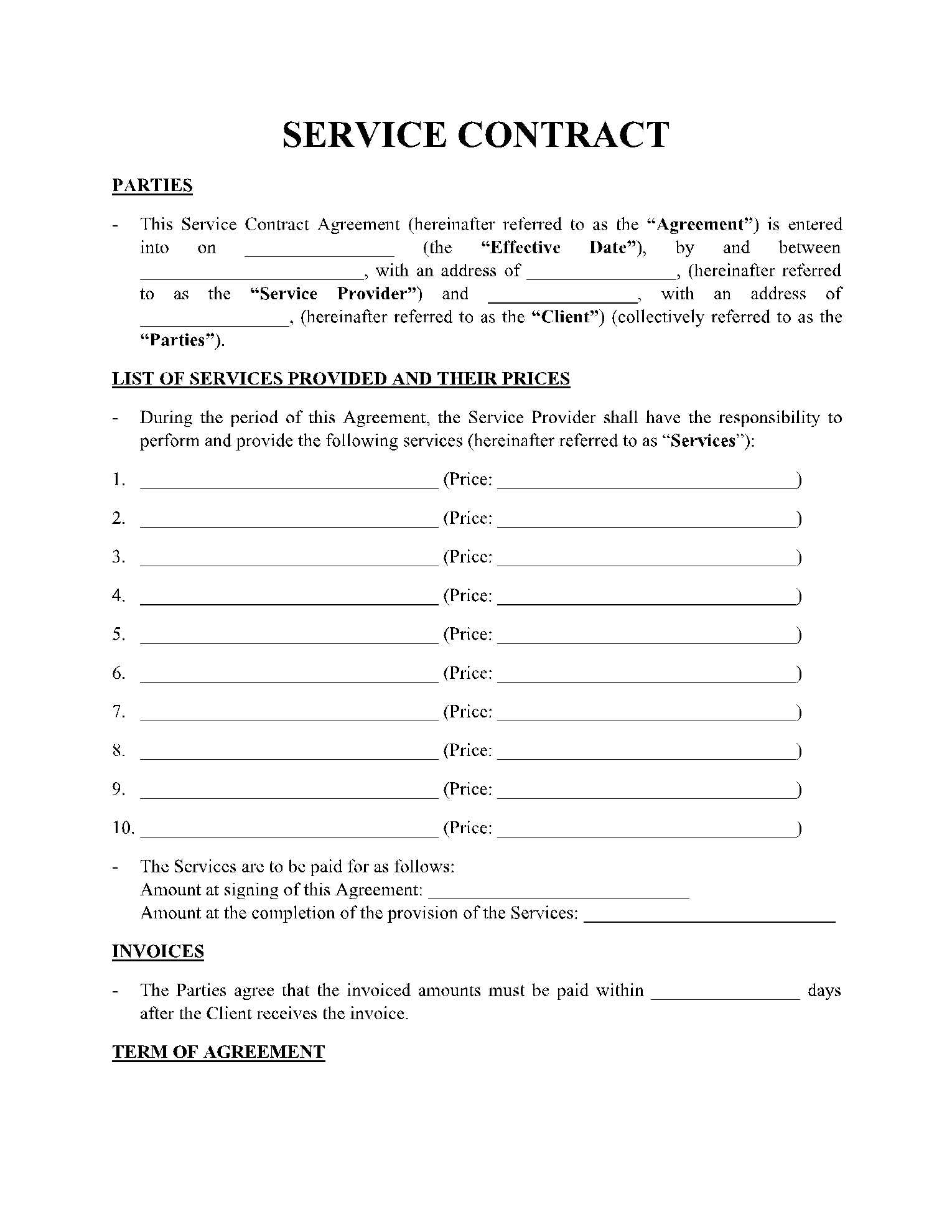 Free Printable Service Contract Forms