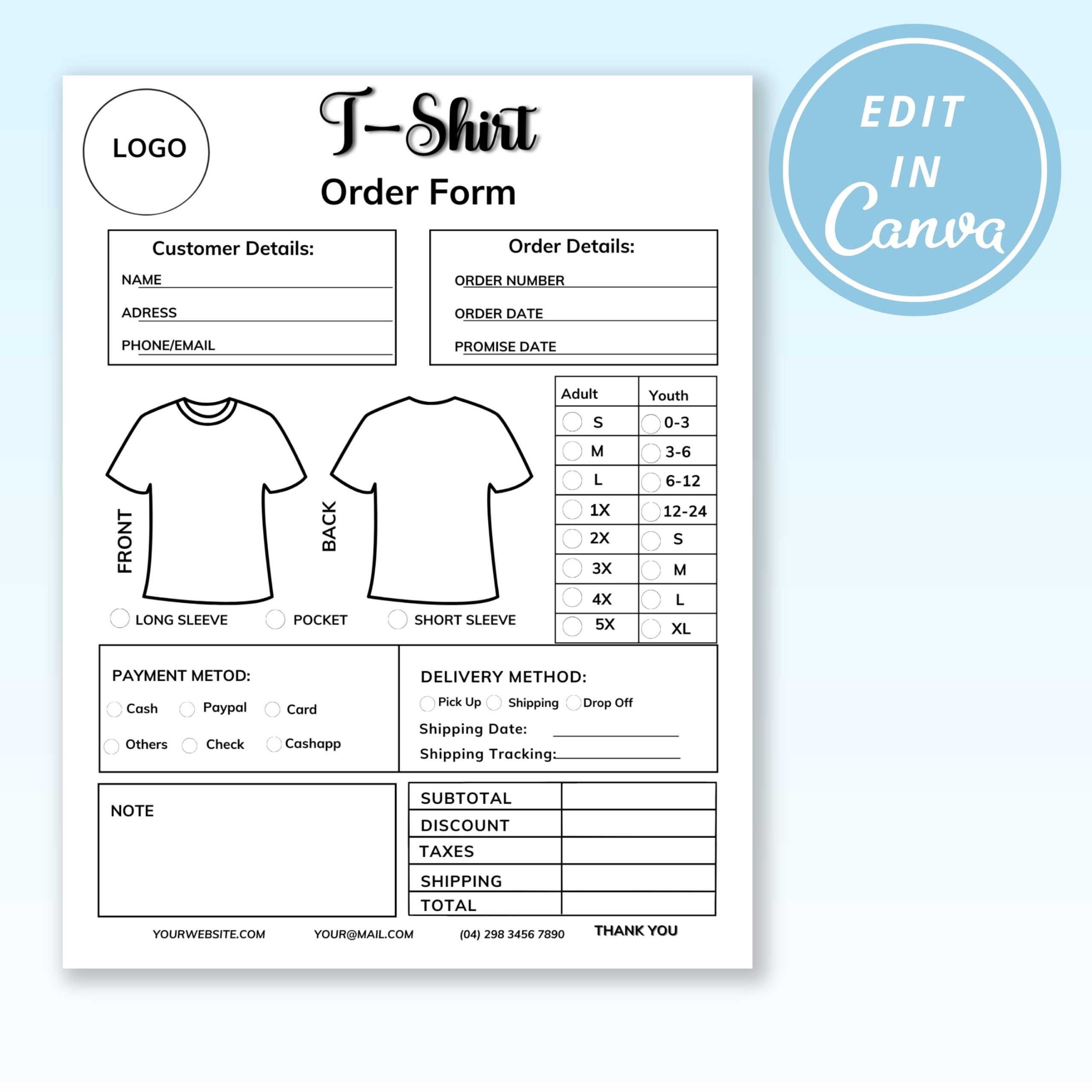 Shirt Order Form I Order Form Template I Custom Hoodie Canva Template Craft Order Form Etsy