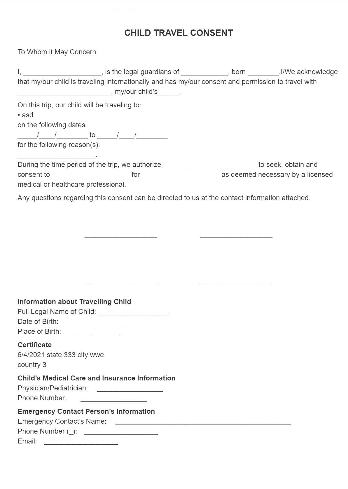 Free Printable Parental Travel Consent Form