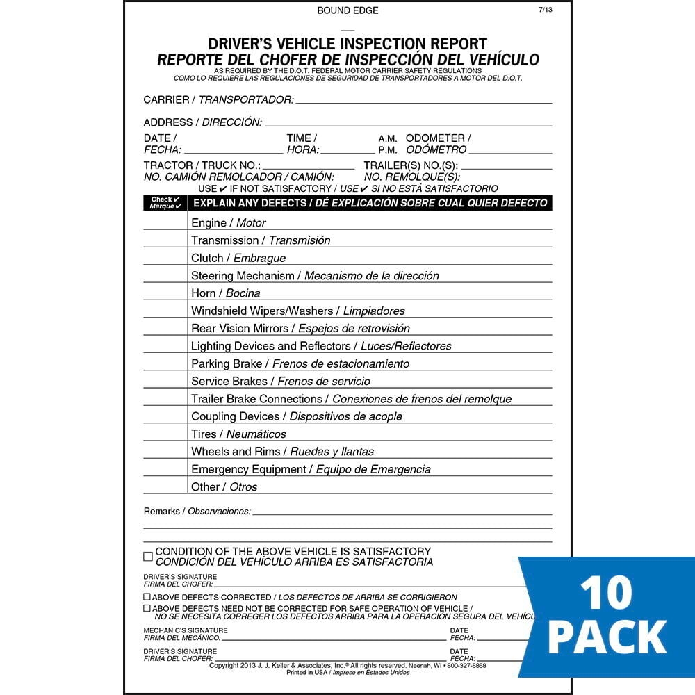Simplified DVIR Book 10 pk Bilingual 2 Ply Carbonless 5 5