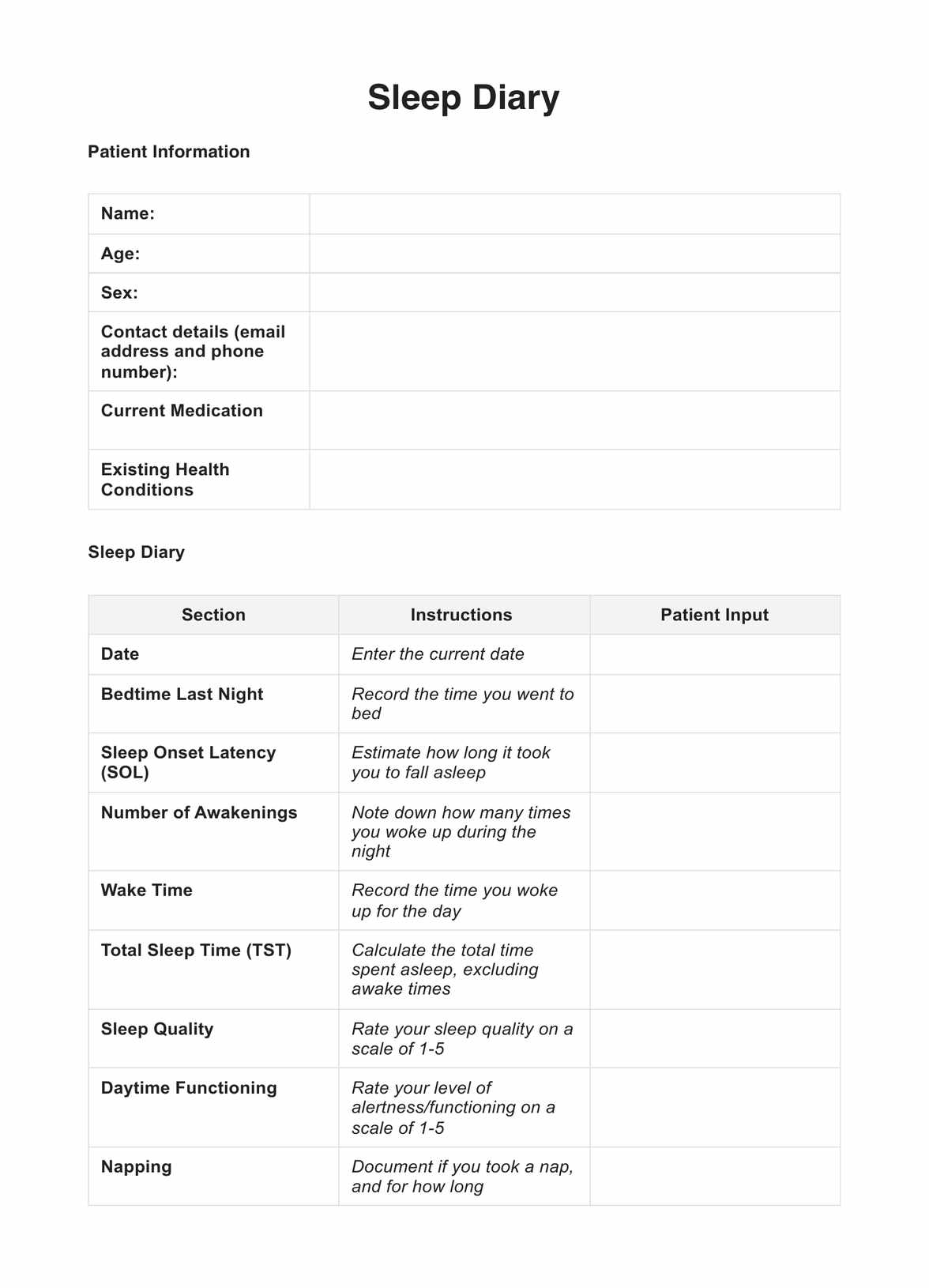 Sleep Diary U0026 Example Free PDF Download