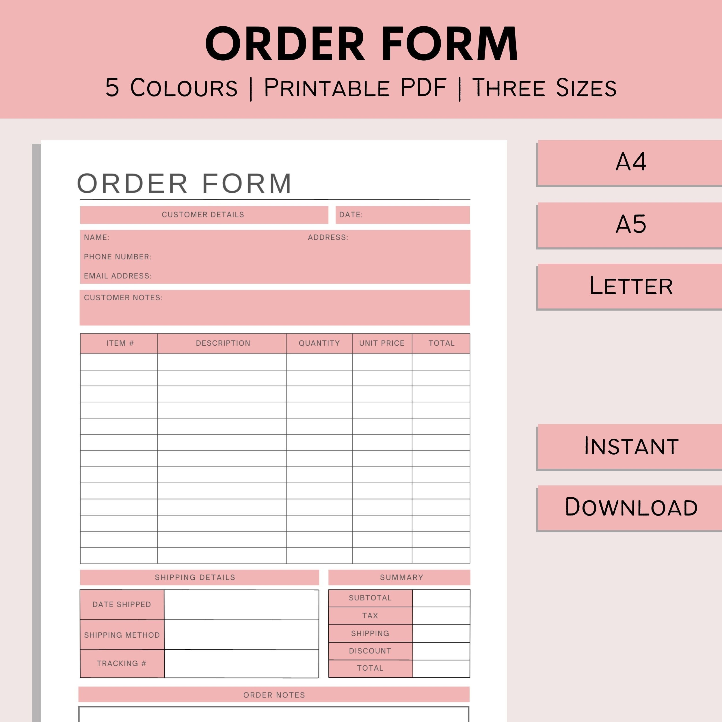 Small Business Order Form Printable Order Tracker Purchase 