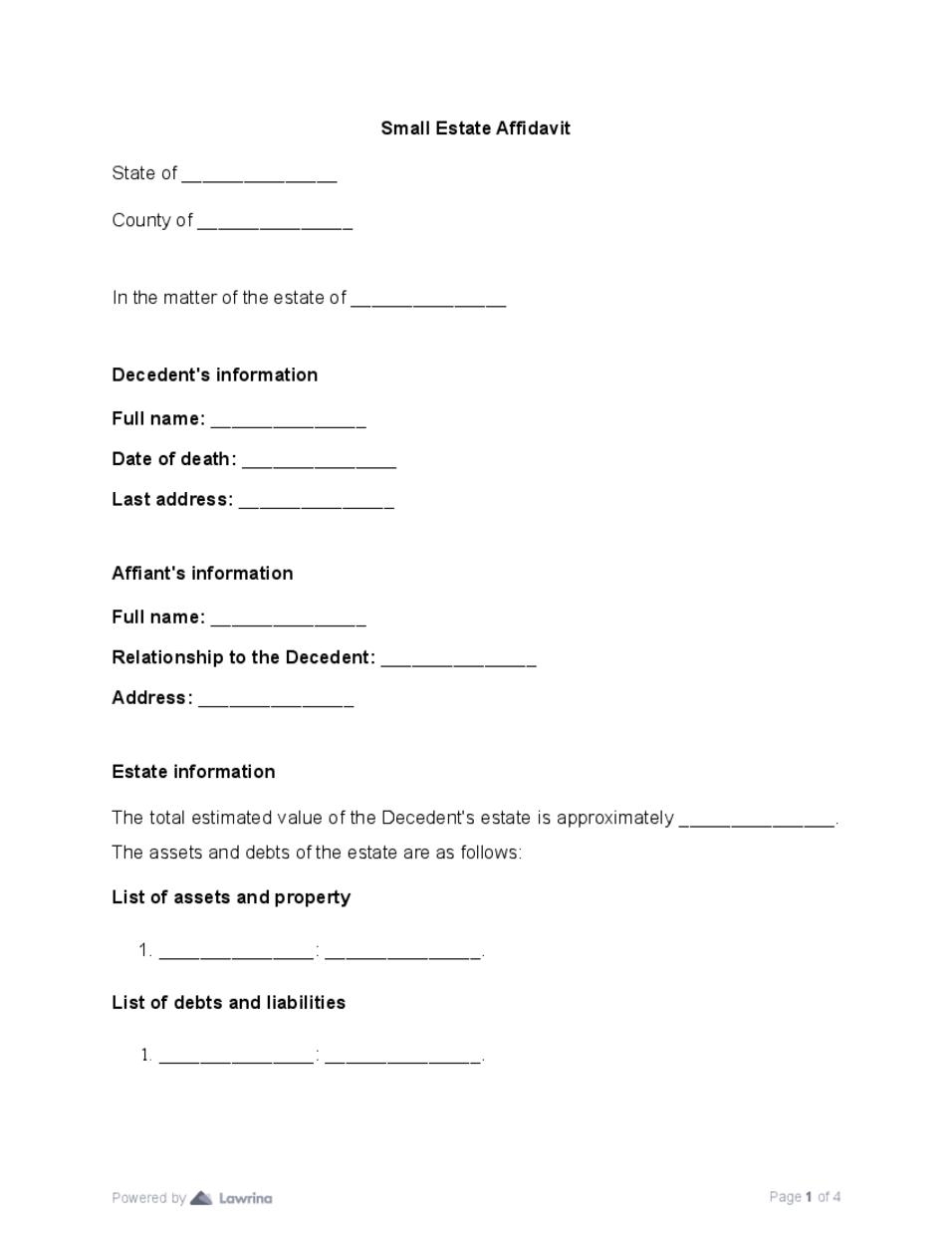 Small Estate Affidavit Template PDF Lawrina