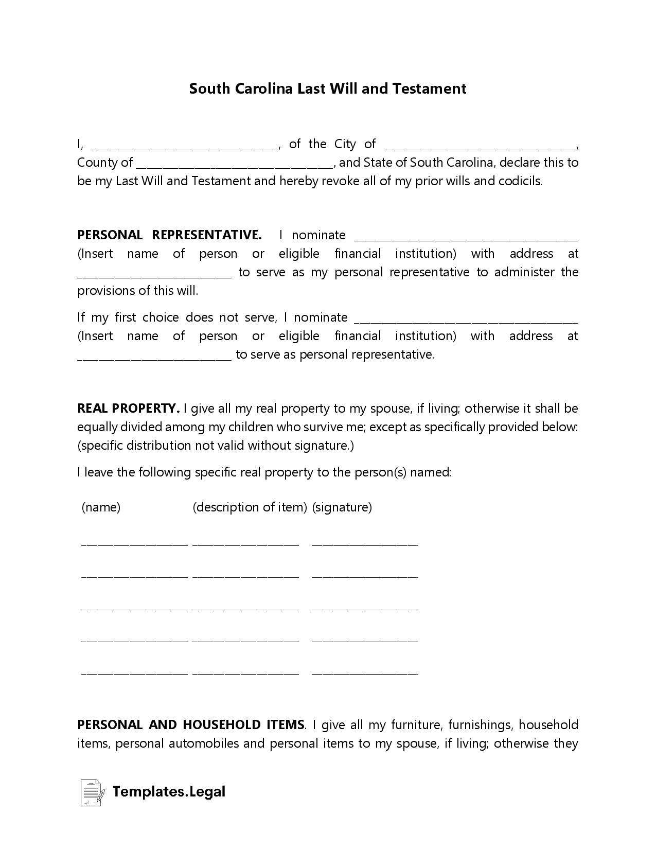 South Carolina Last Will And Testament Templates Free Word PDF ODT 