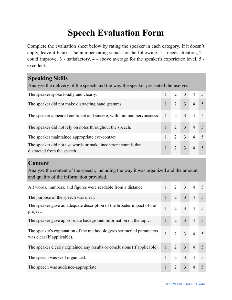 Speech Evaluation Form Fill Out Sign Online And Download PDF Templateroller