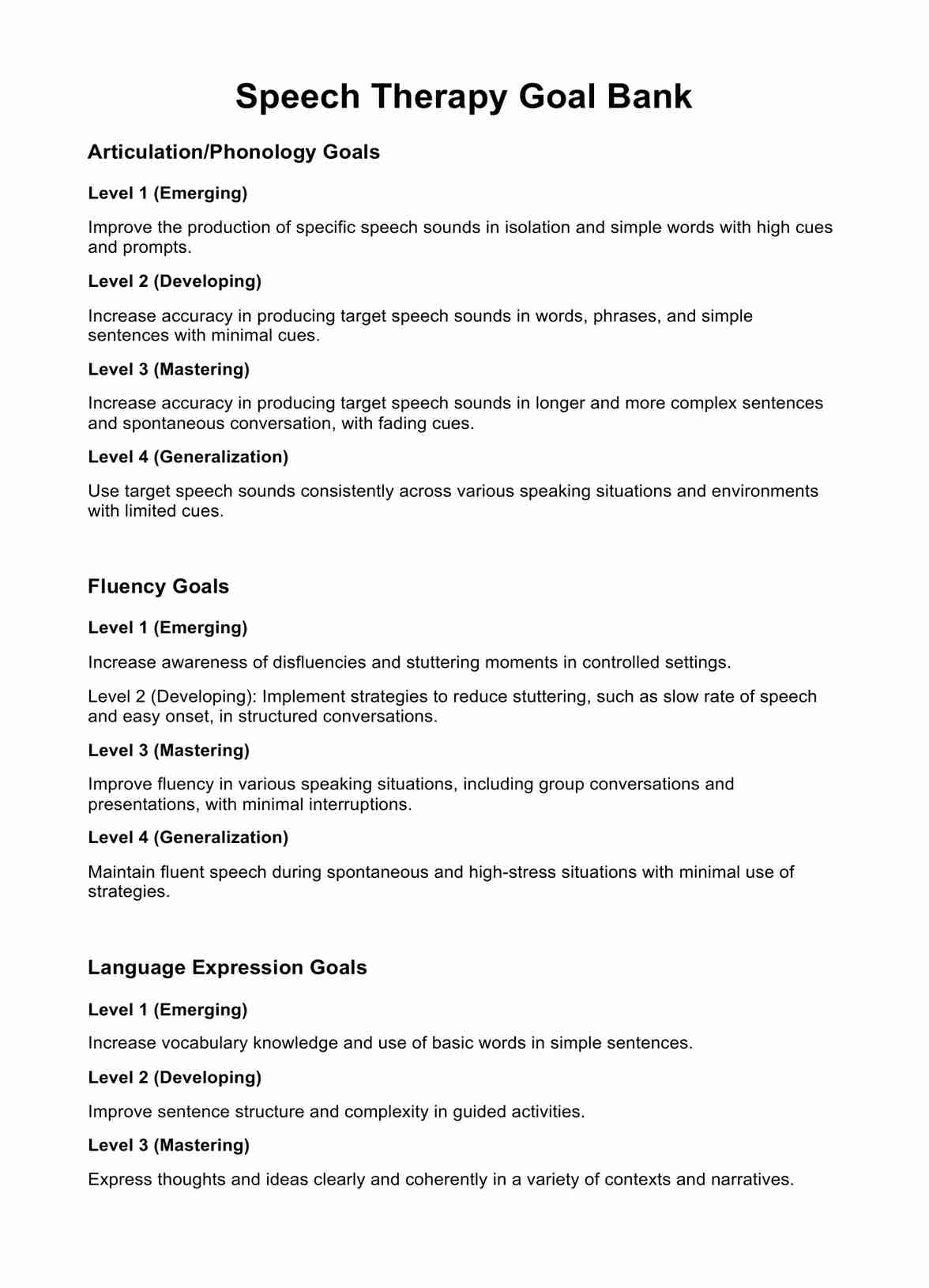 Speech Therapy Goal Bank U0026 Example Free PDF Download