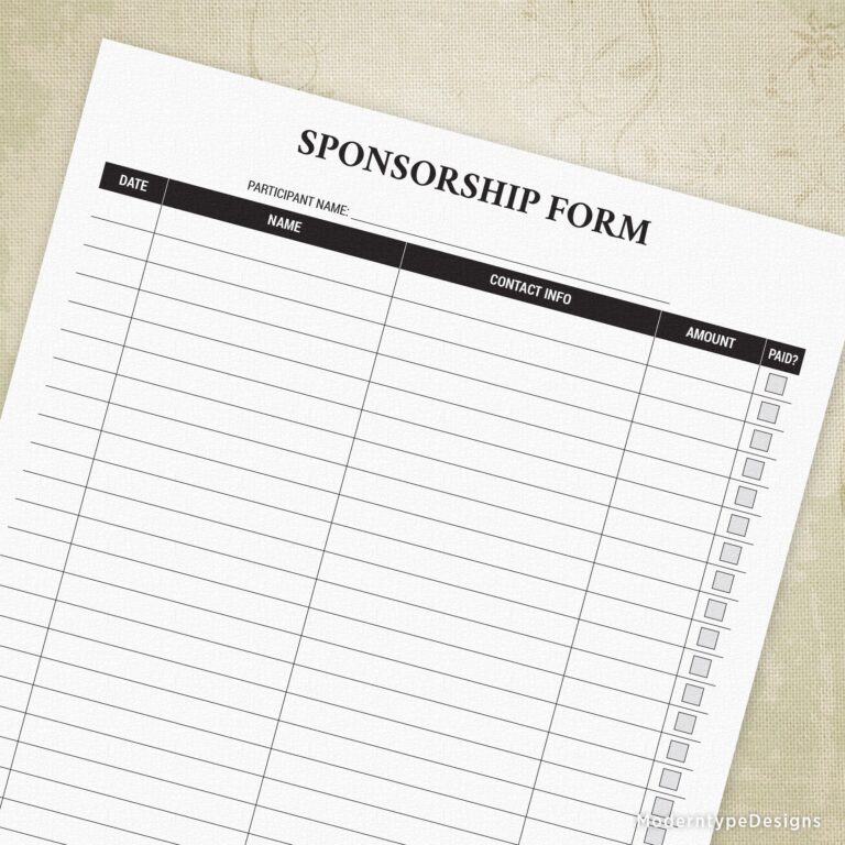 Sponsorship Sign Up Printable Form Event For Sponsors Fundraiser Donations List Instant Download Spf002