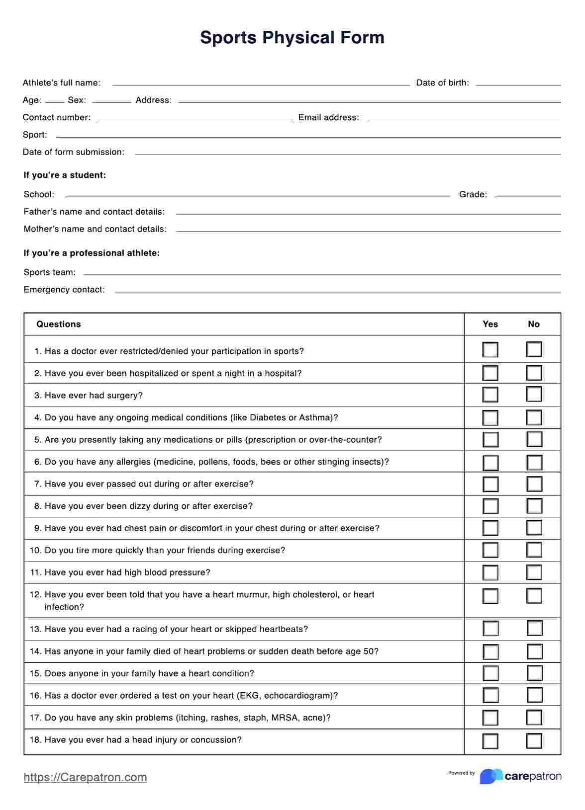 Sports Physical Form U0026 Example Free PDF Download