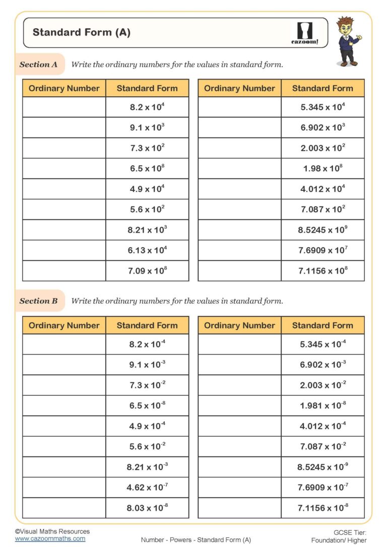 Standard Form A Worksheet Printable Maths Worksheets