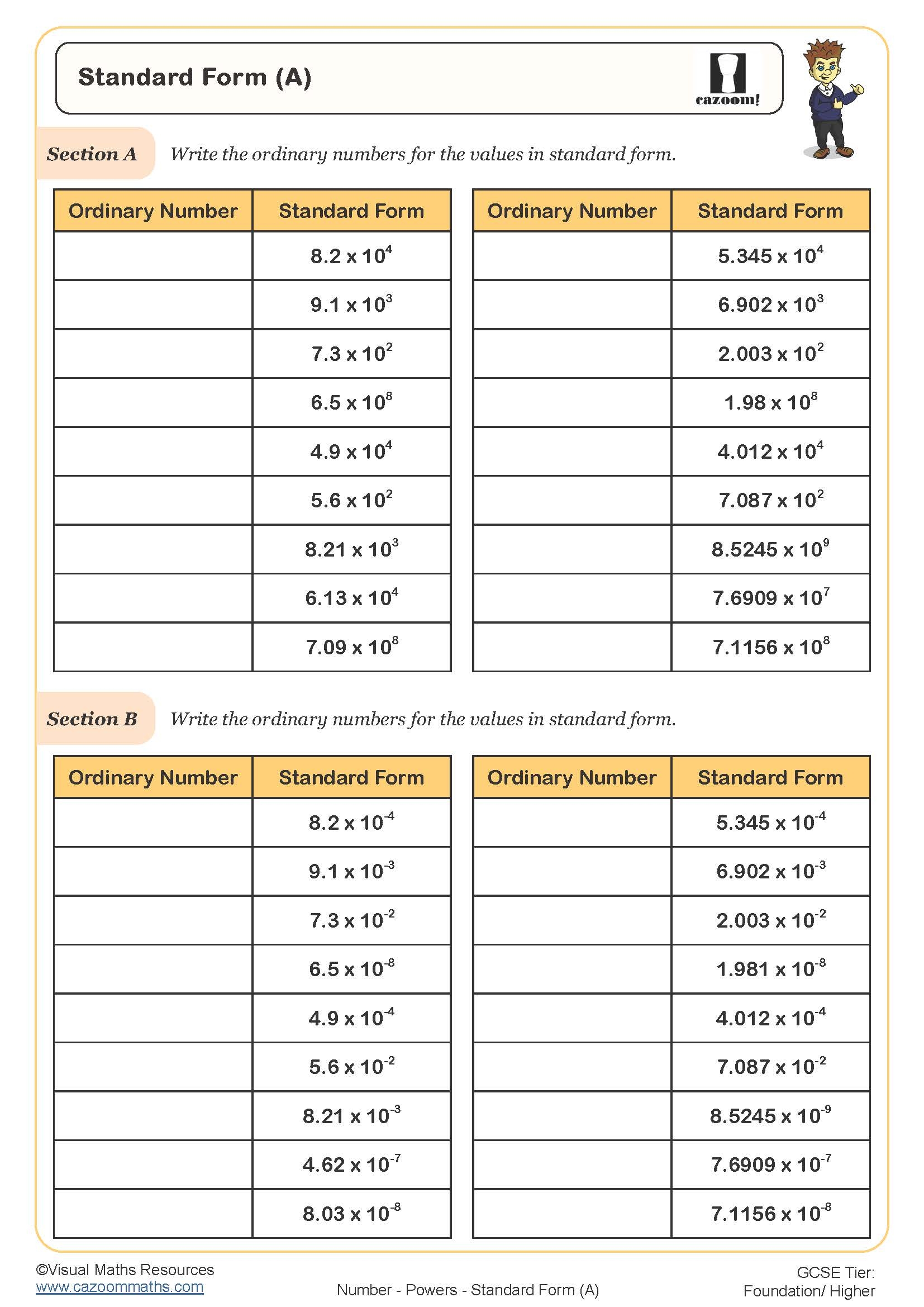 Standard Form A Worksheet Printable Maths Worksheets