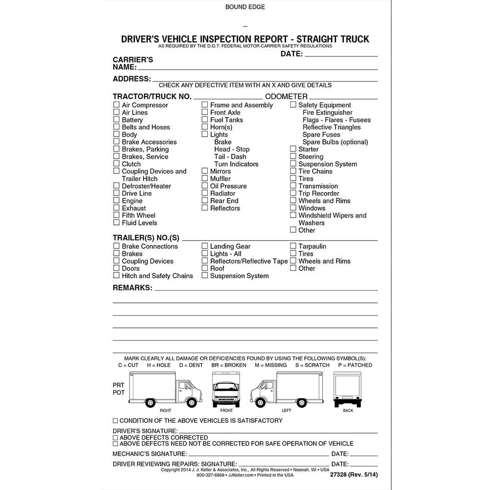 Straight Truck Detailed Driver Vehicle Inspection Report Book 10 pk 2 Ply Carbonless 5 5