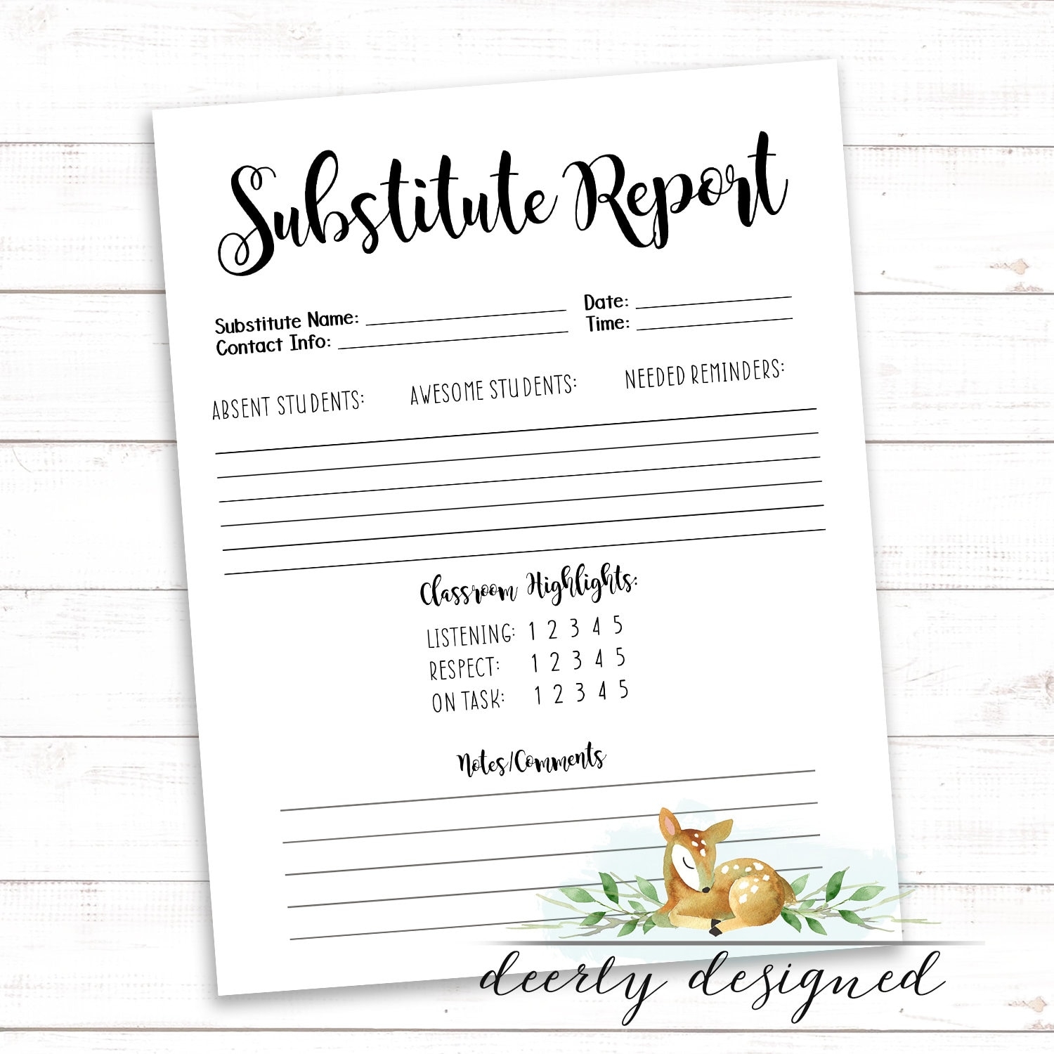 Substitute Report Sub Mail Note From Substitute Substitute Binder Sub Binder Report Black And White Minimalist Simple Print Etsy