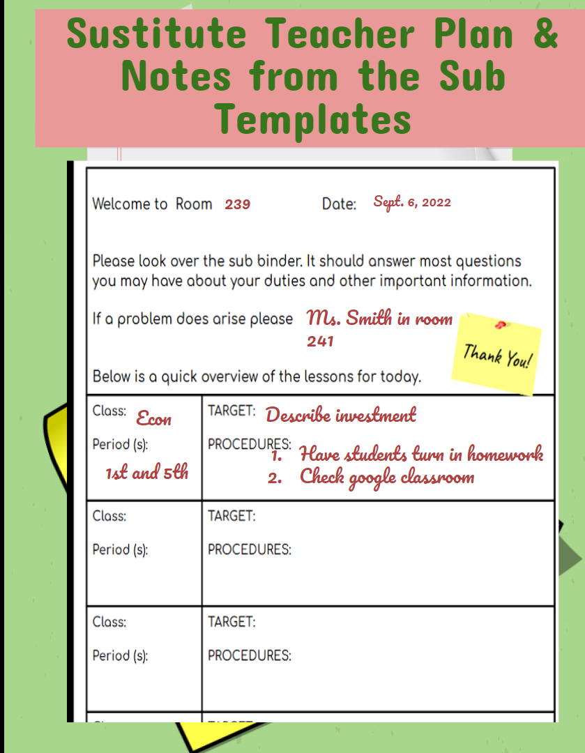 Substitute Teacher Lesson Overview Template And Substitute Notes For Teacher Template Classful