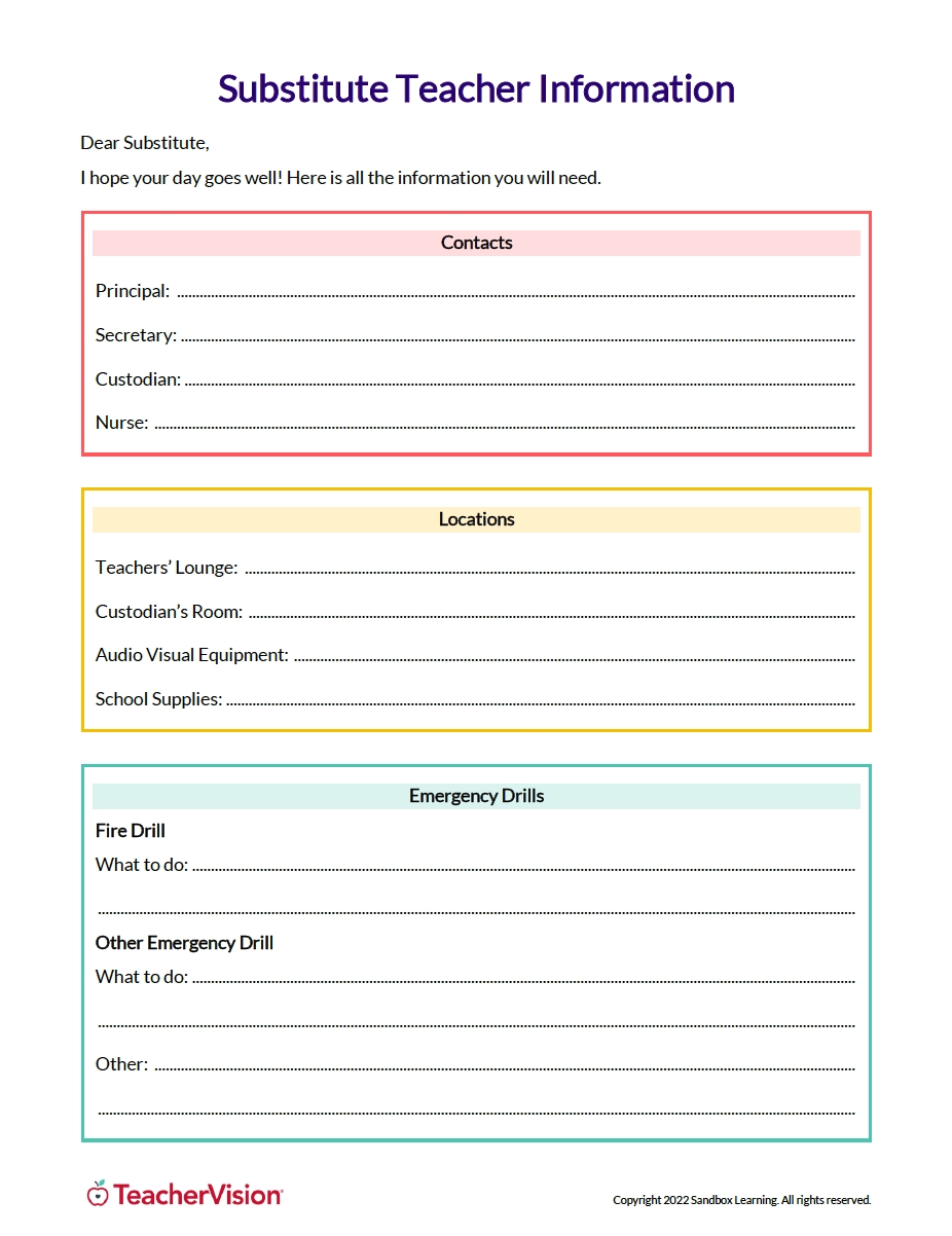 Substitute Teacher Plan Templates TeacherVision