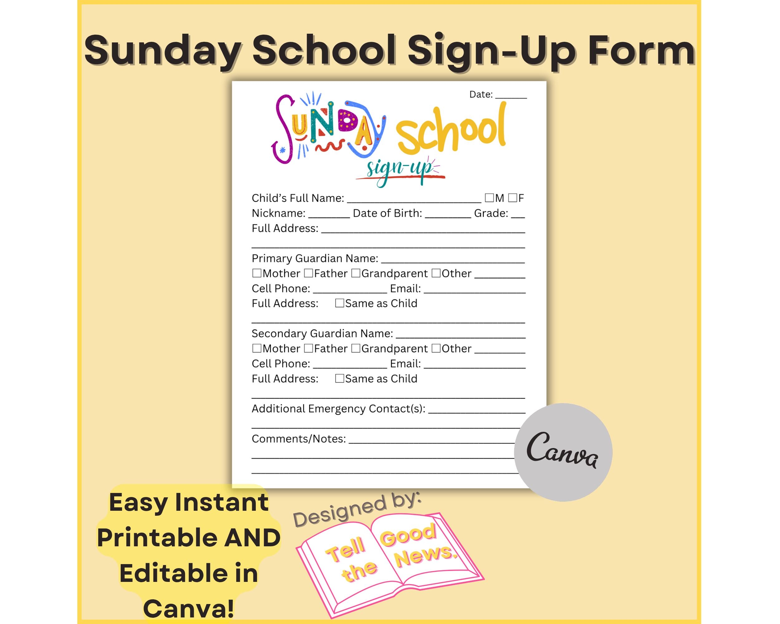 Sunday School Sign up Registration Form Kid s Ministry Children s Ministry Church Flyer Instant Download Editable In Canva Printable Etsy