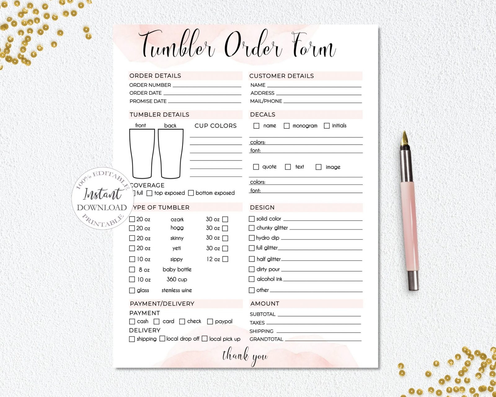 SunRayArt Designs Custom Order Form Template Editable Forms
