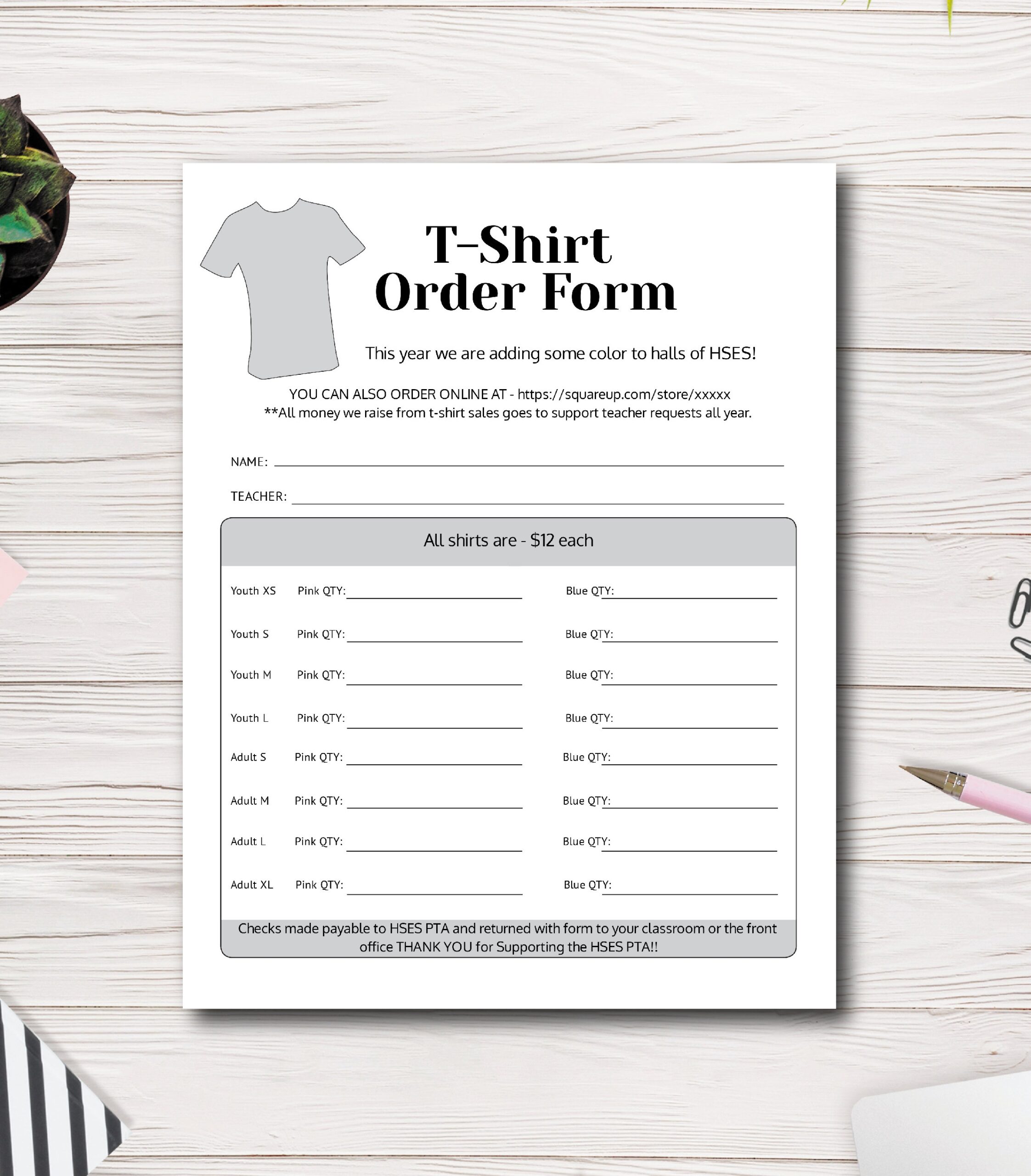 T shirt Order Form Template PTA PTSA PTO Church Fundraiser 