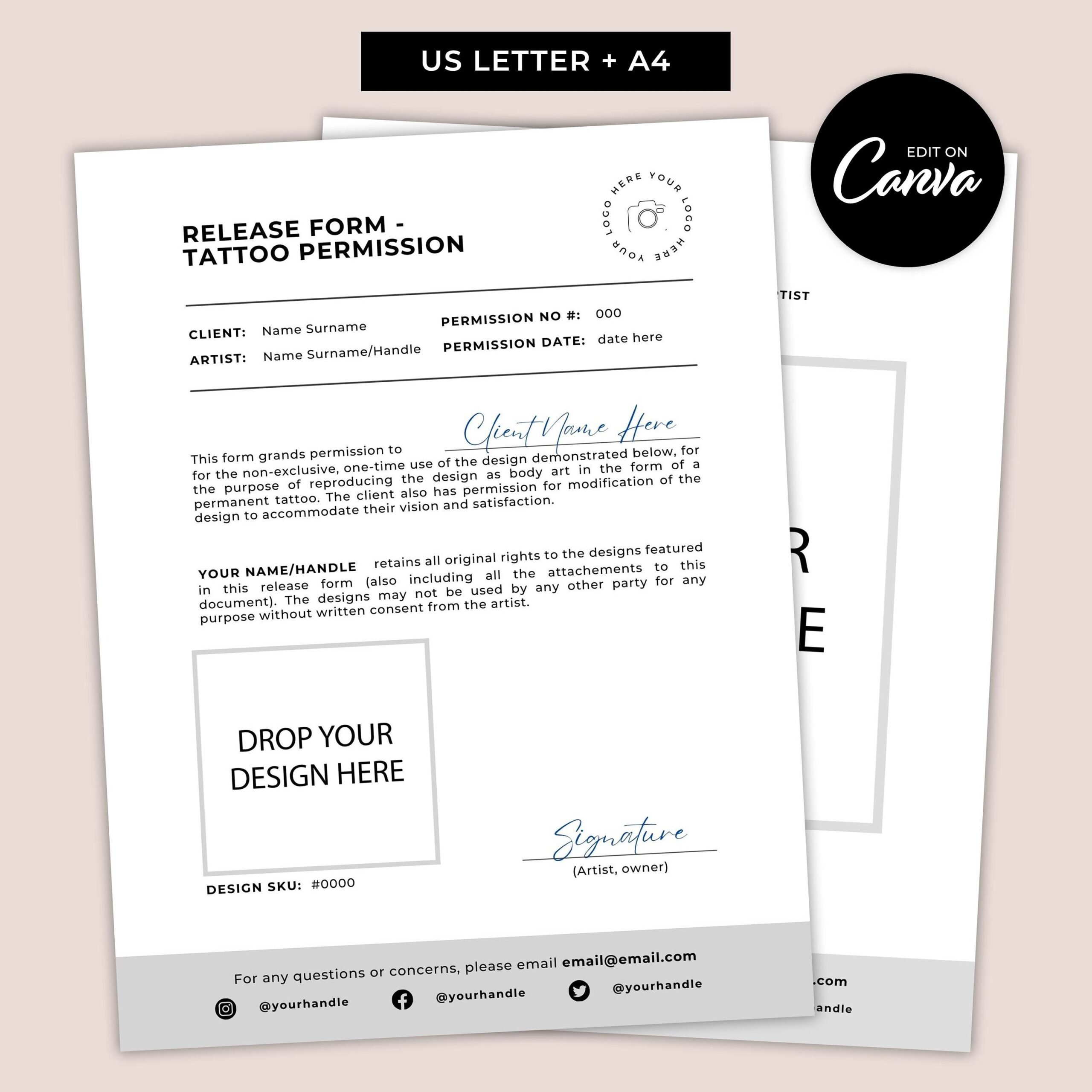 Tattoo Permission Release Form Easy To Edit Canva Templates Permission To Use Artwork For Tattoo Form Document Artwork Indulgence Form Etsy