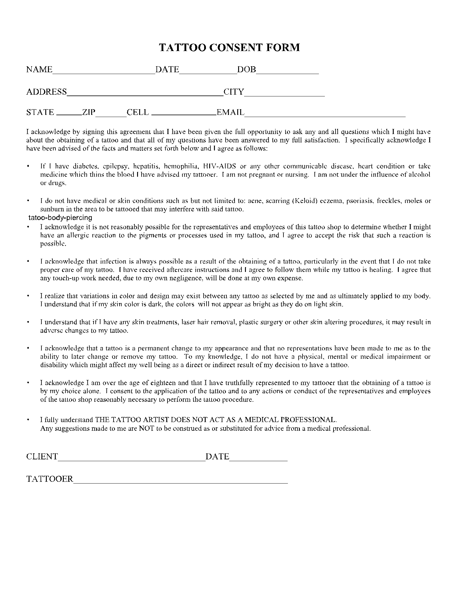 Tattoo U0026 Body Piercing Consent Form Template CocoSign