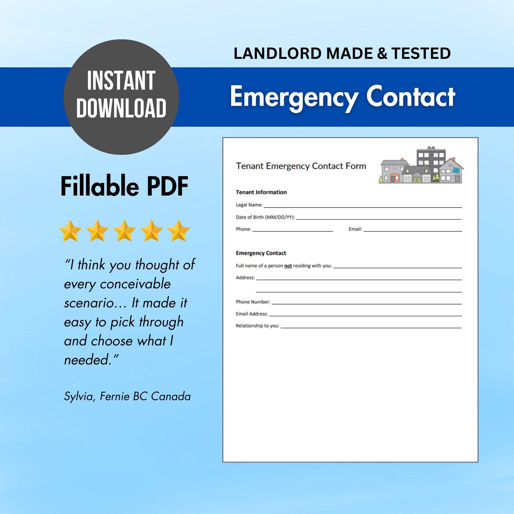 Tenant Emergency Contact Form Fillable Renter Contact Form For Emergencies Including Unpaid Rent Landlord Form Etsy