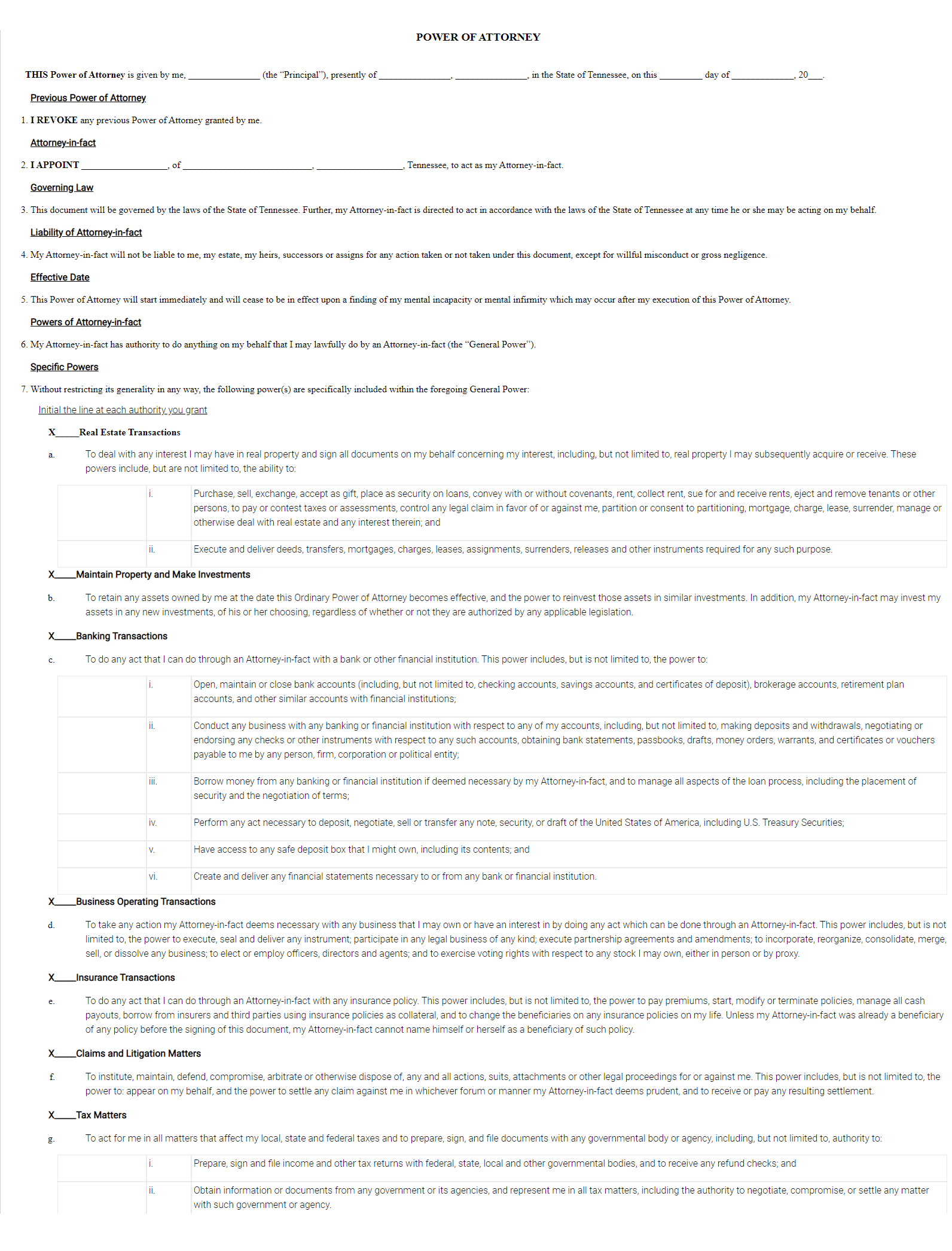 Tennessee Power Of Attorney Form Download POA Legal Form