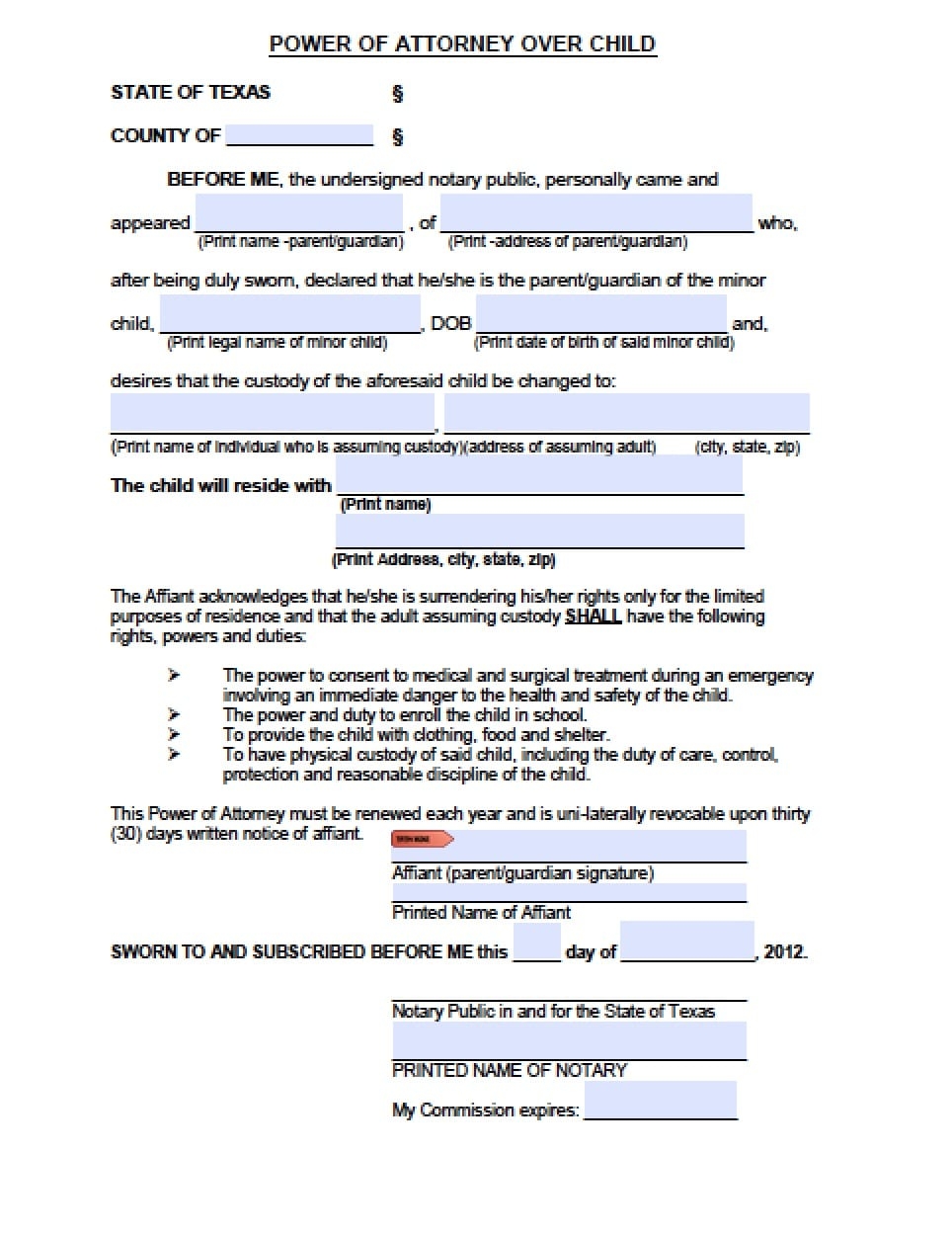 Texas Minor Child Power Of Attorney Form Power Of Attorney Power Of Attorney