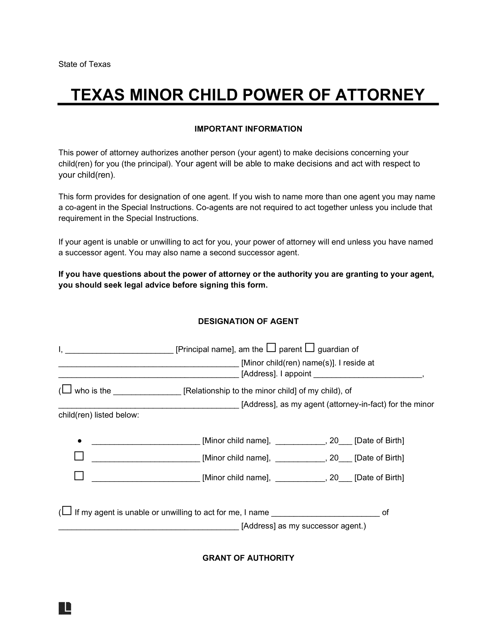 Texas Minor Child Power Of Attorney Form Template Fill Online