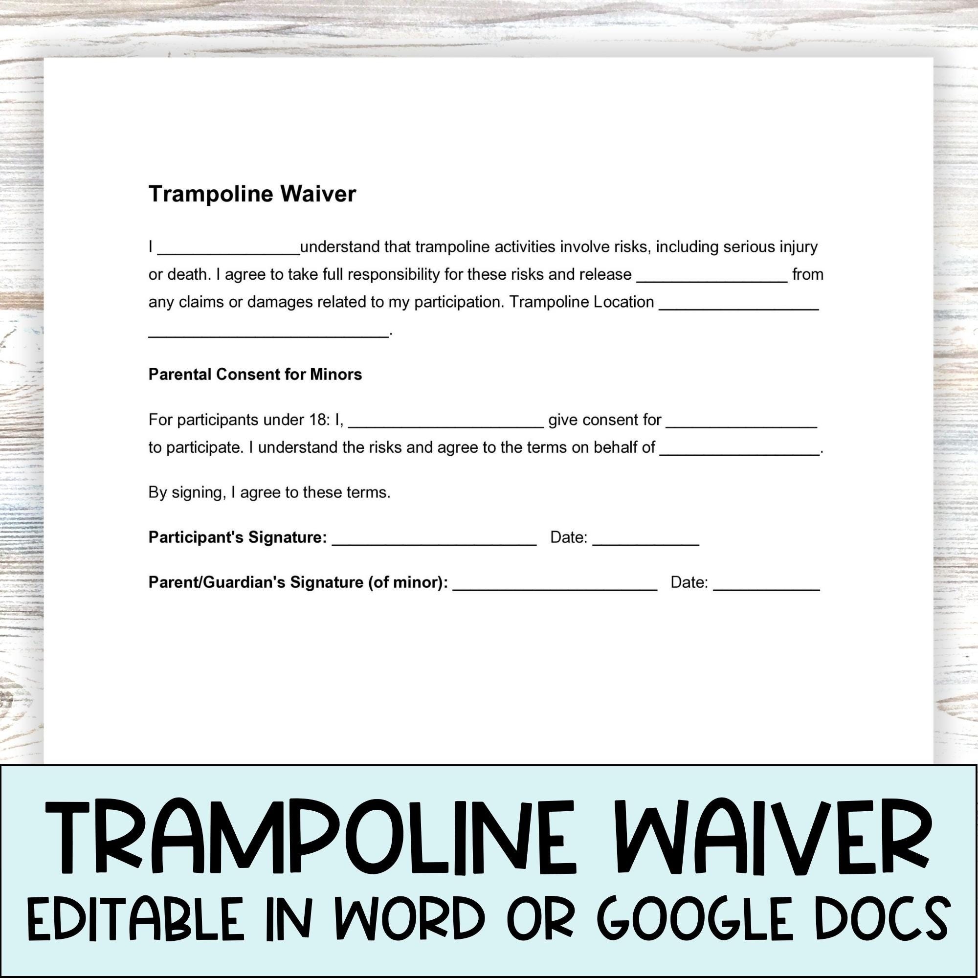 Trampoline Waiver Template Hold Harmless Agreement Assumption Of Injury Risk Legal Guardian Permission Slip Homeowner Liability Release Etsy