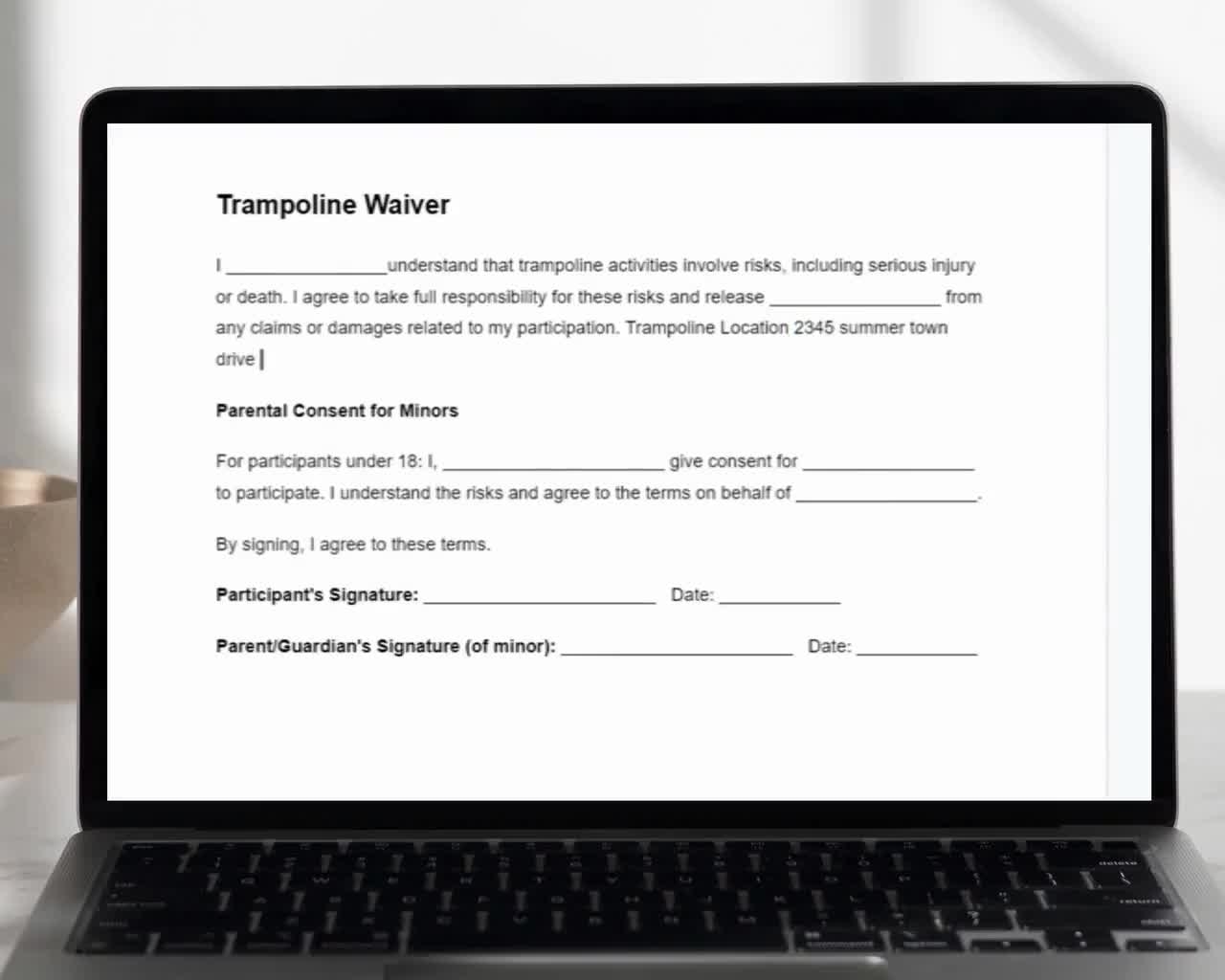 Trampoline Waiver Template Hold Harmless Agreement Assumption Of Injury Risk Legal Guardian Permission Slip Homeowner Liability Release