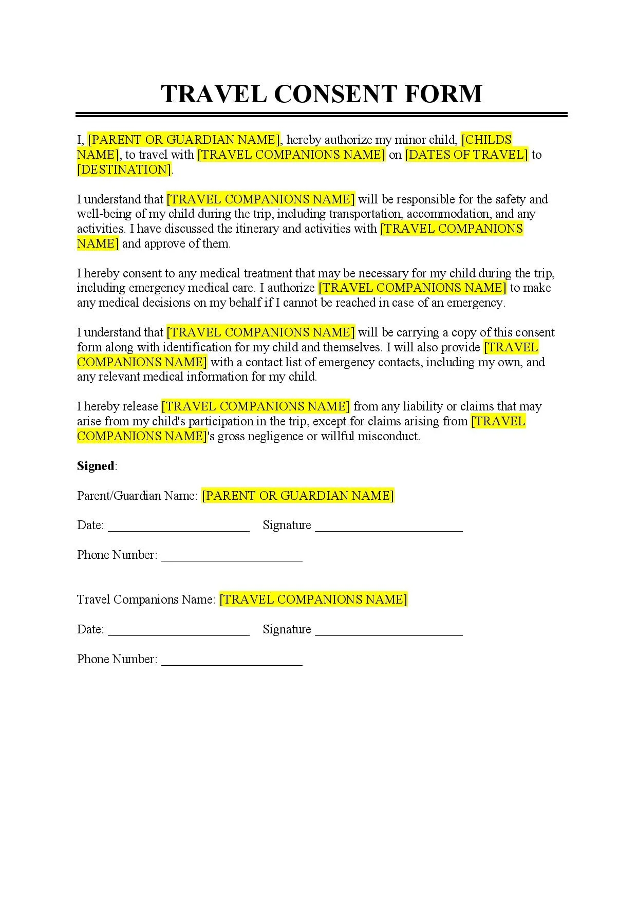 Free Travel Consent Form Printable