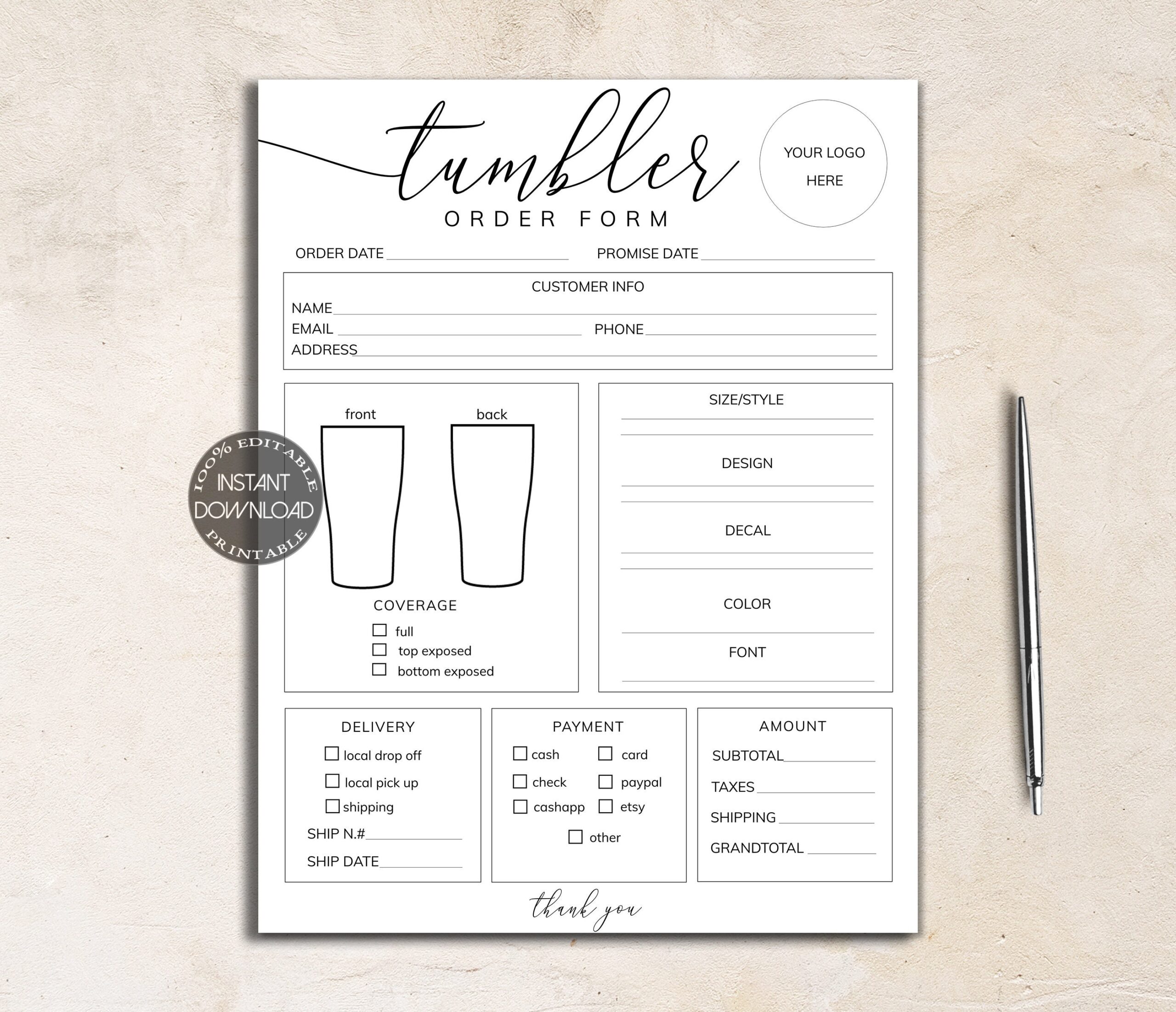 Free Printable Tumbler Order Forms