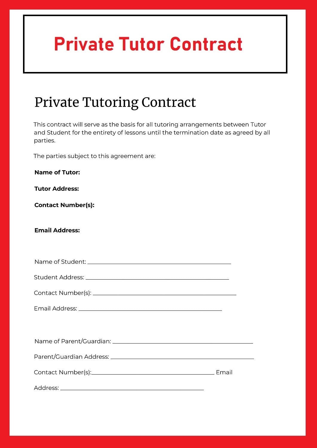 Tutor Contract Tutoring Contract Template Tutoring Contract Form PDF And Word Files Instant Download Etsy