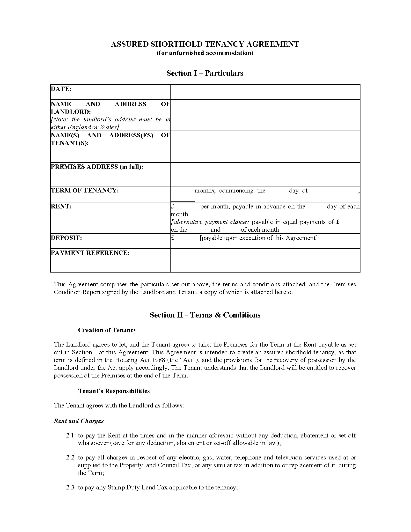 Free Printable Tenancy Agreement Form Uk
