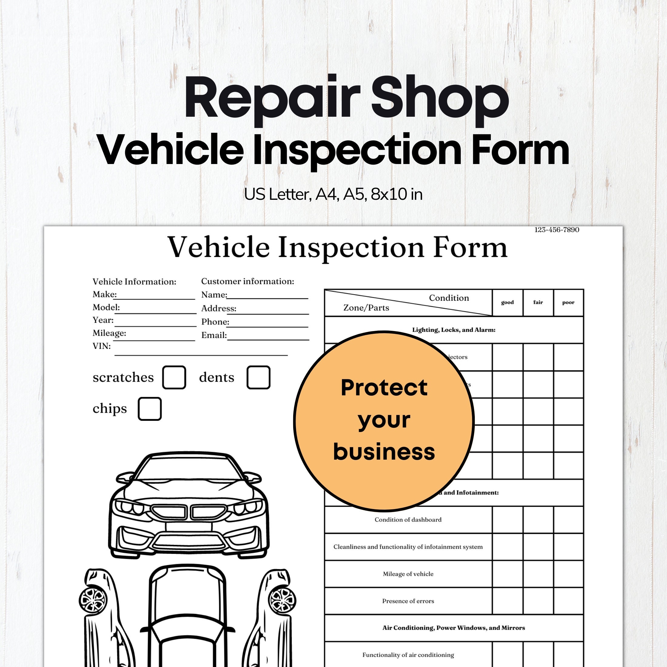 Vehicle Inspection Form Car Checking Mechanic Intake Form Repair Shop Client Intake Form Vehicle Condition Report Car Repair Business Etsy