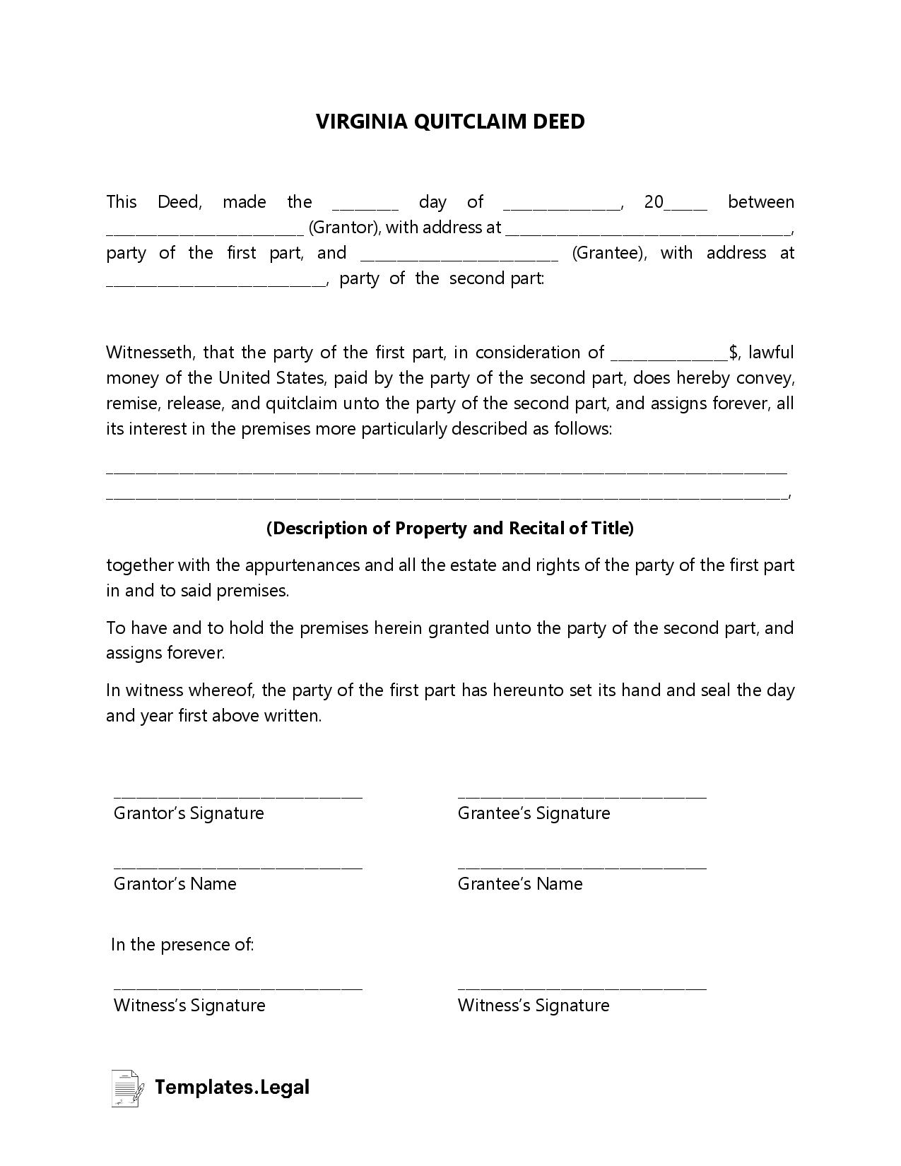 Virginia Deed Forms U0026 Templates Free Word PDF ODT 