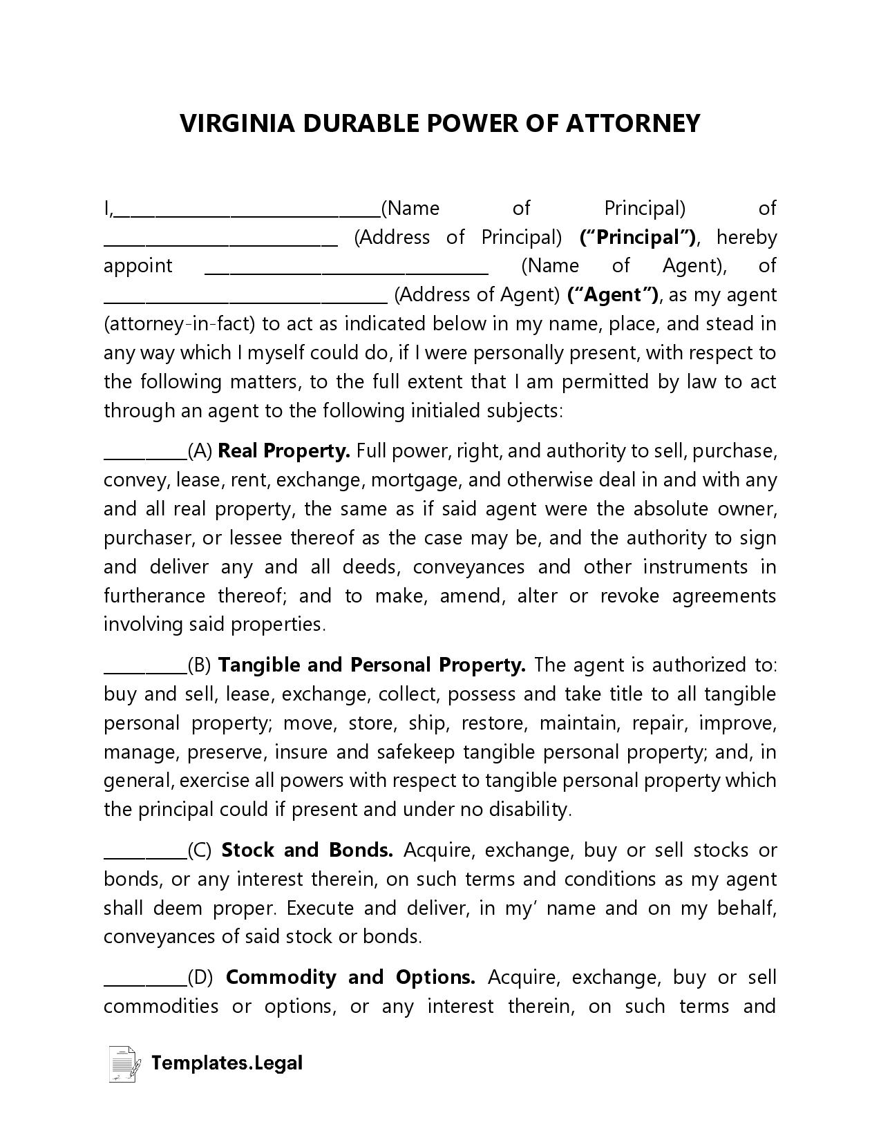 Virginia Power Of Attorney Templates Free Word PDF U0026 ODT 